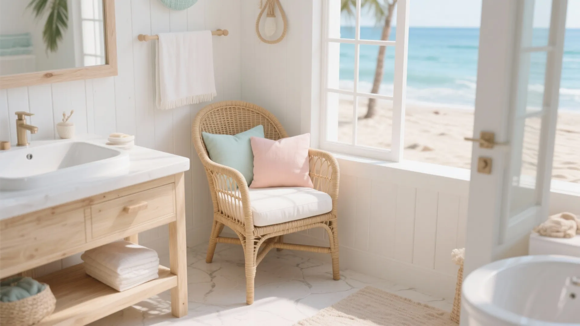 Bright coastal bathroom featuring a rattan chair with colorful pillows next to a wooden vanity
