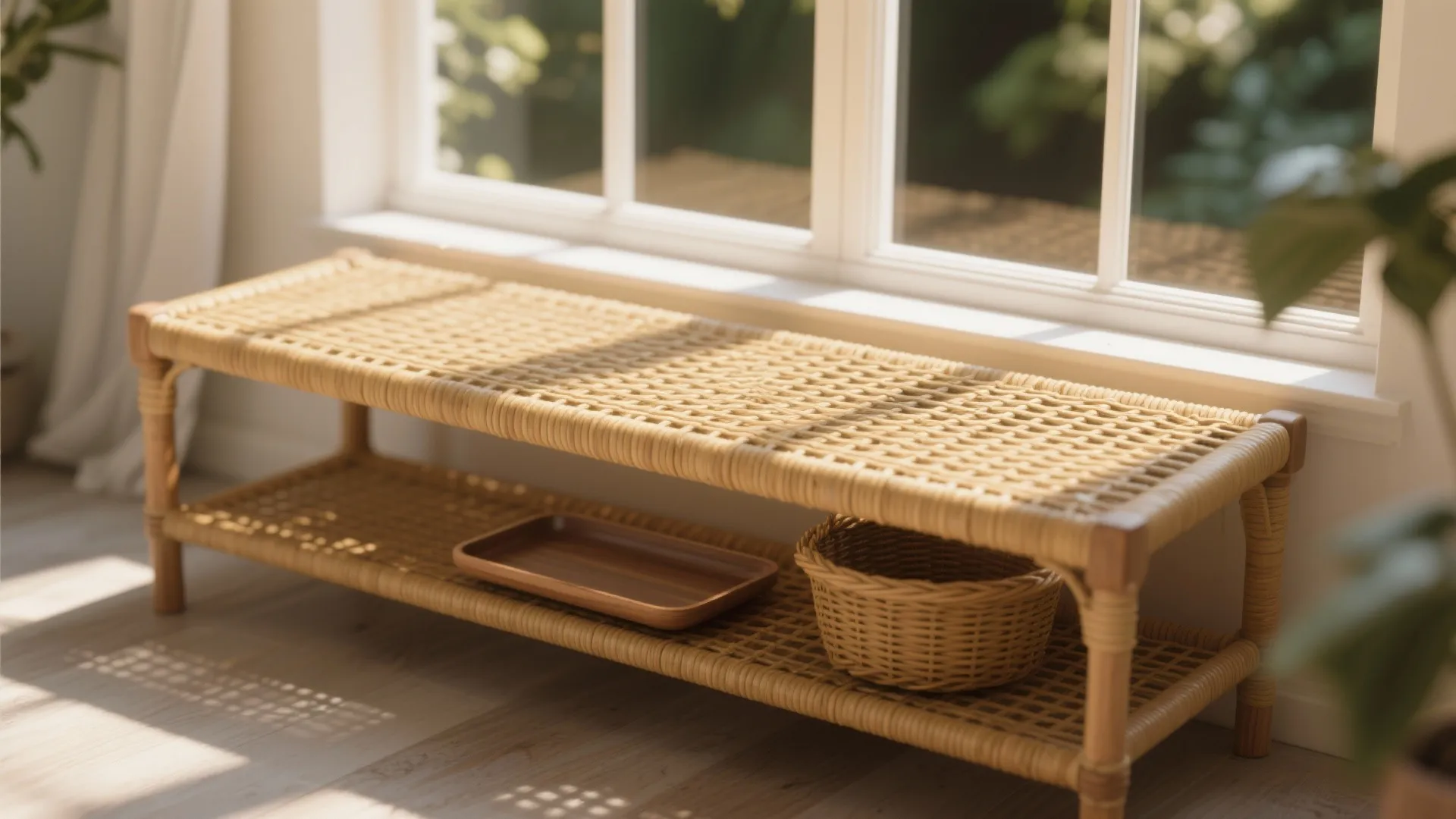 3. Woven rattan bench for texture and lightness