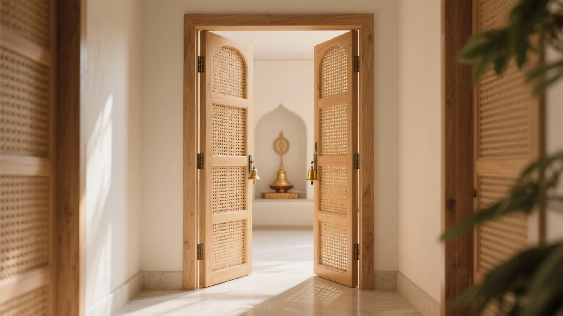 Hallway pooja mandir with bi-fold rattan doors and warm interior lighting.