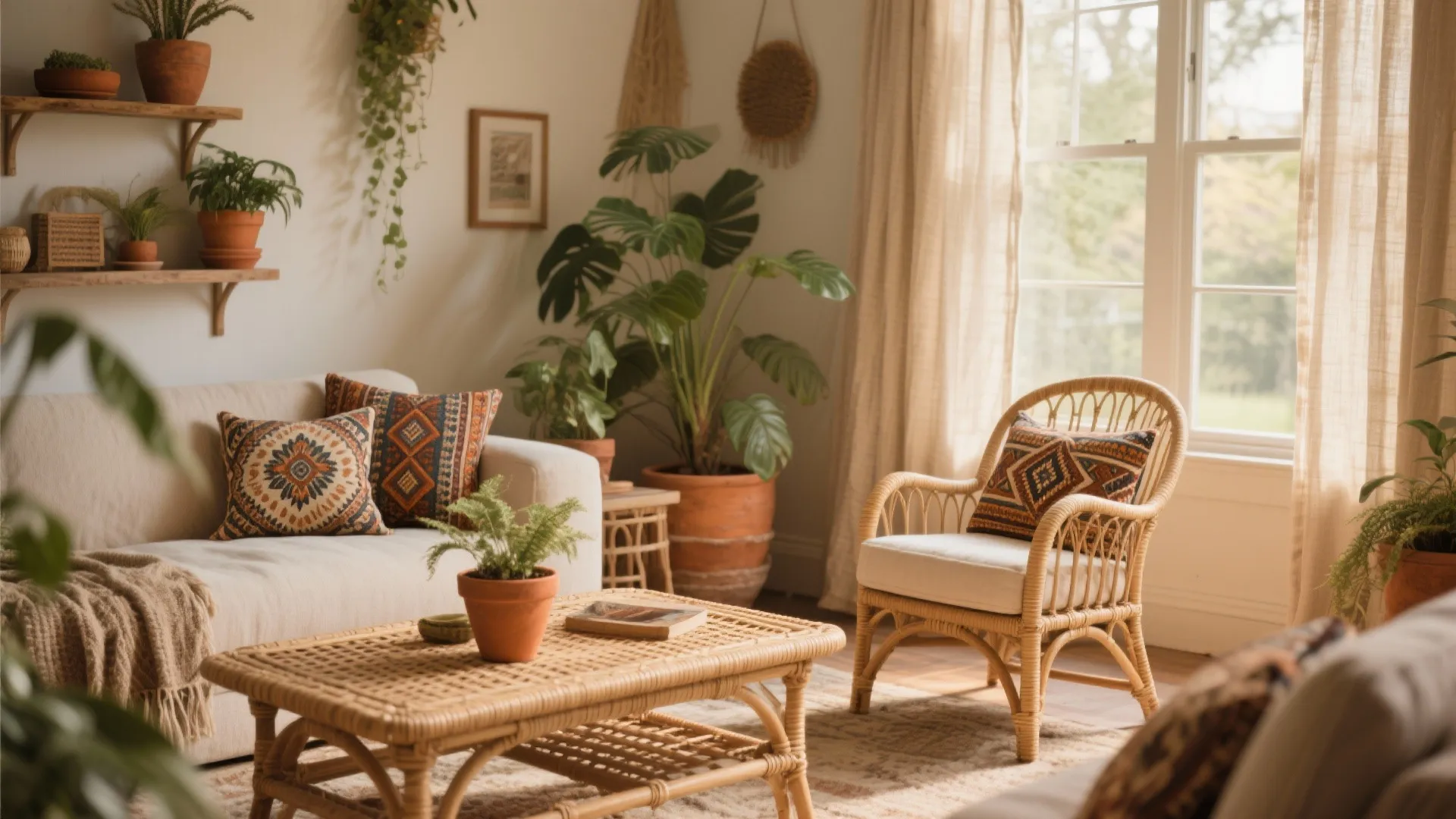 Cane coffee table and rattan chair in a bright cozy living room