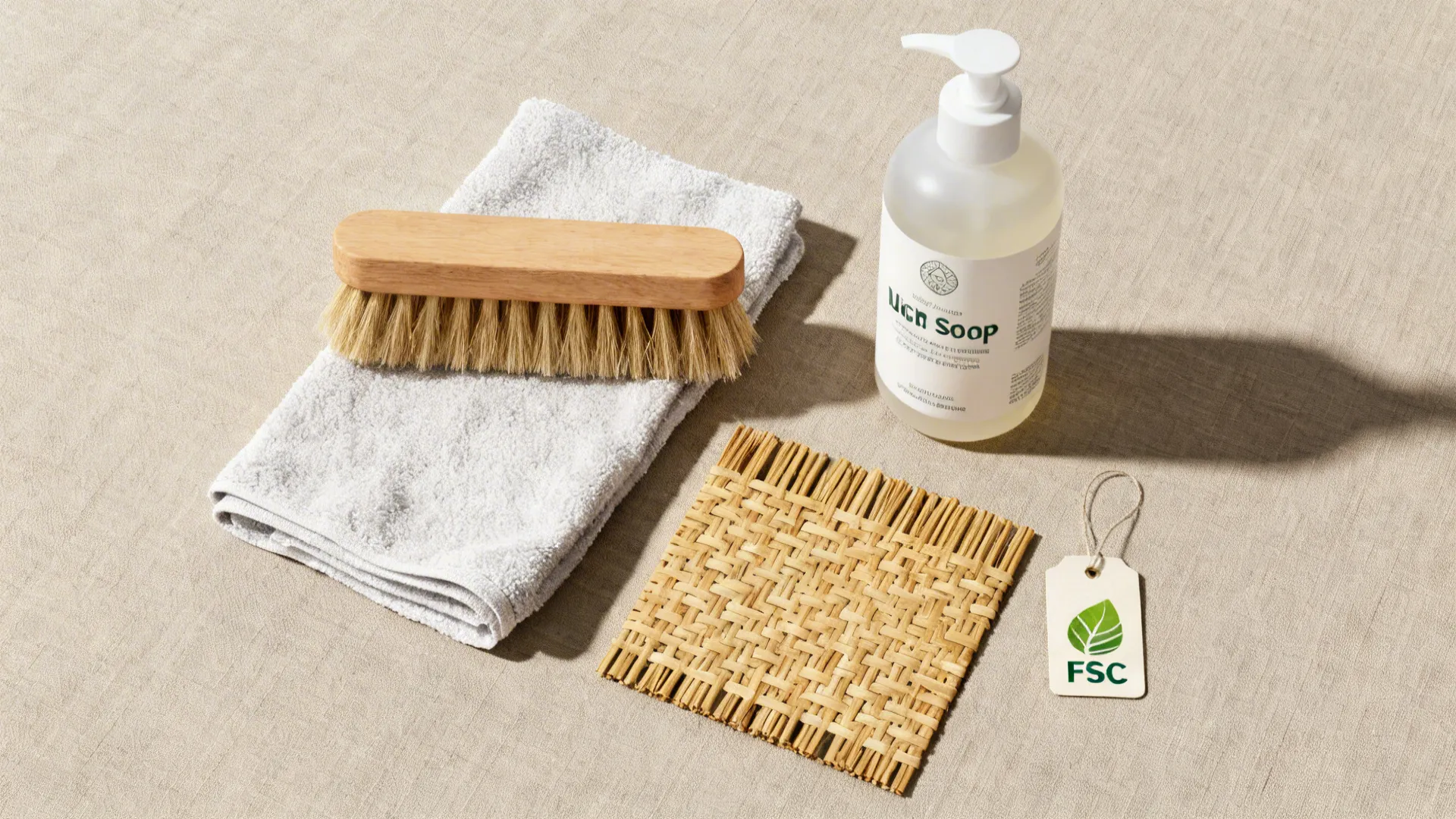 Flatlay of rattan care items: soft brush, cloth, mild soap and synthetic rattan swatch.