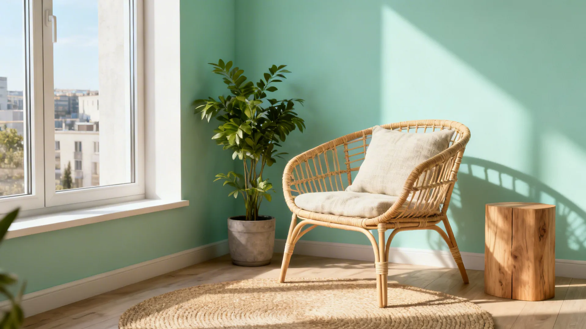 Sunlit corner with a lightweight woven rattan chair, linen cushion and potted plant