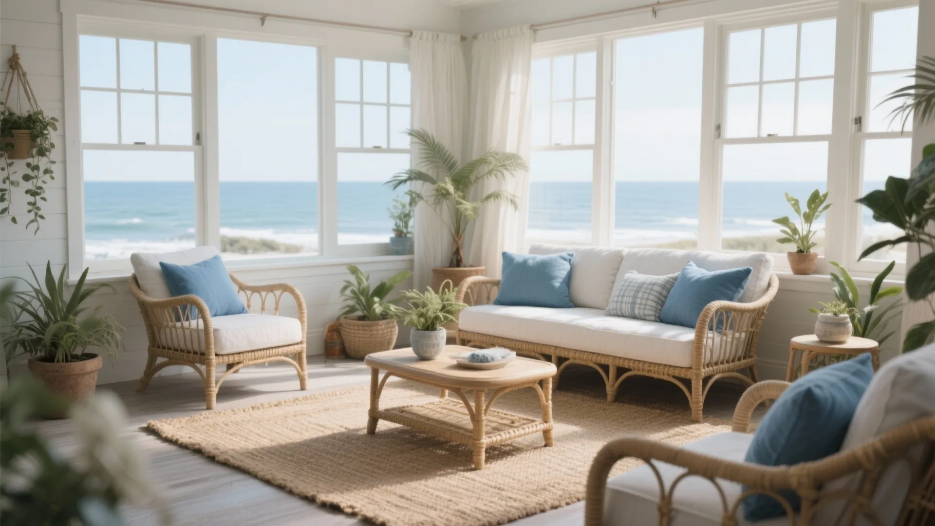 Coastal sunroom with rattan sofa, blue cushions, wooden coffee table, jute rug, and ocean view