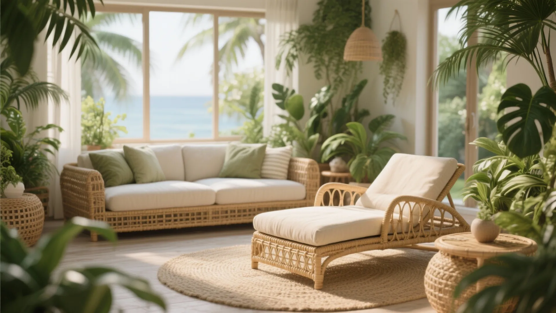 Tropical style living room with rattan sofa and footrest plus green plants and ocean view
