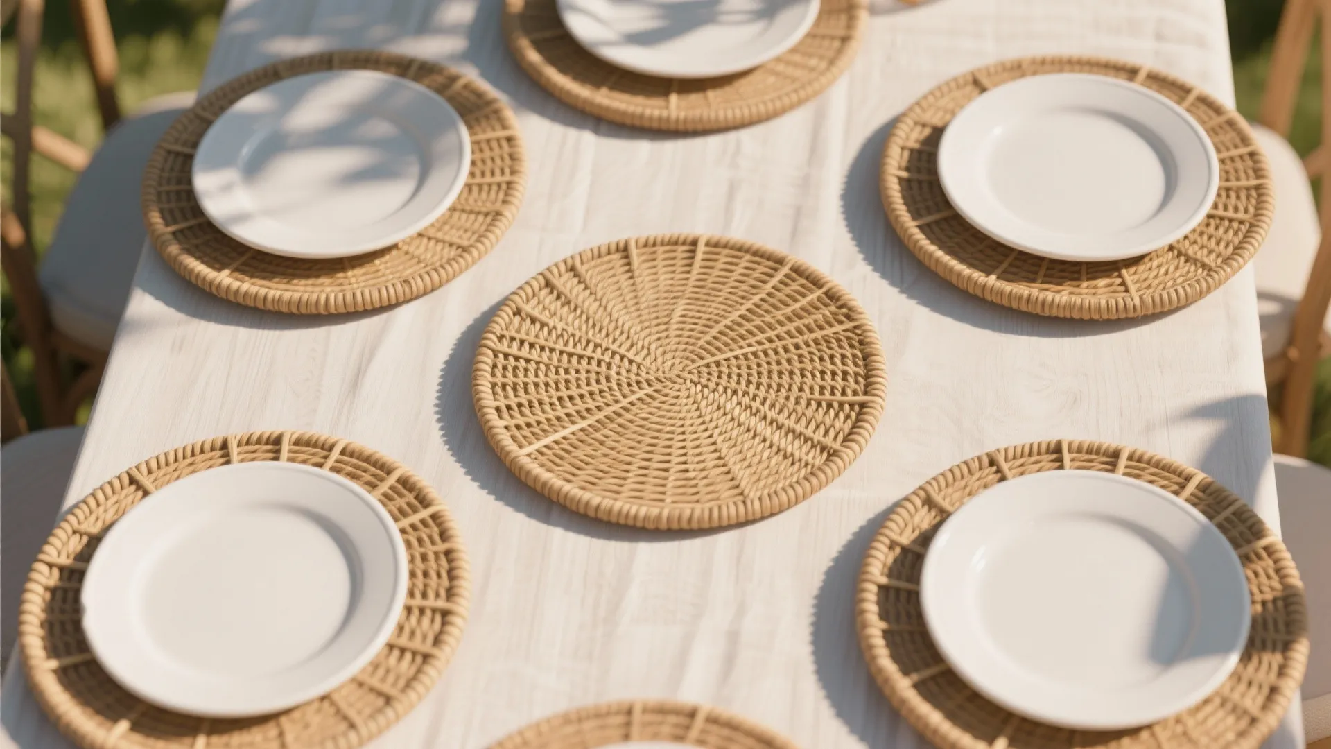 White ceramic plates placed on round woven table mats on a light wooden dining table