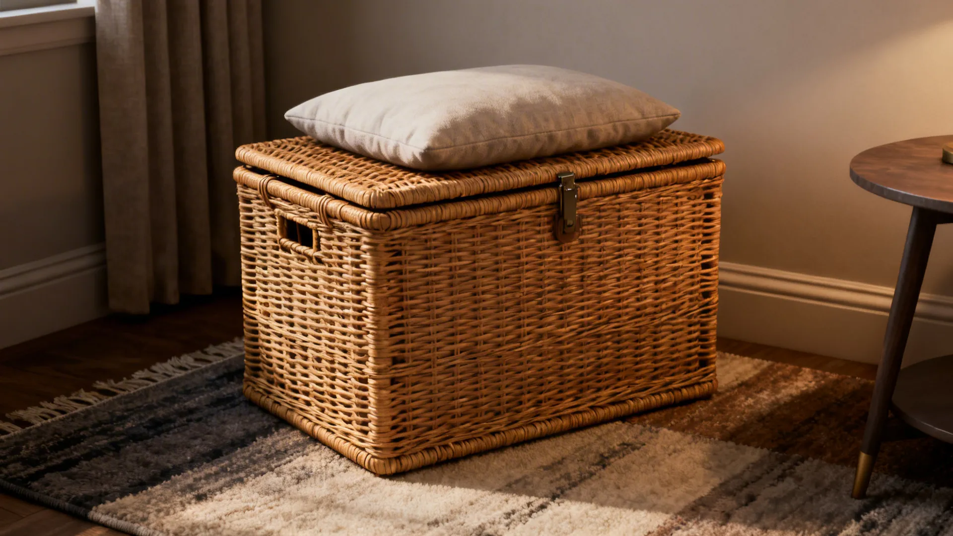 Rattan chest-style basket with hinged lid used as a small cushioned seat in a living room corner.