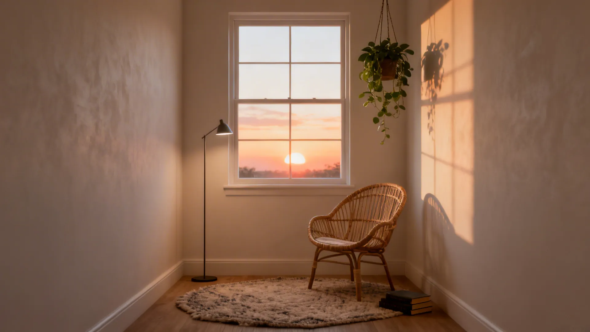 Small reading nook with a single rattan side chair, floor lamp and hanging plant.