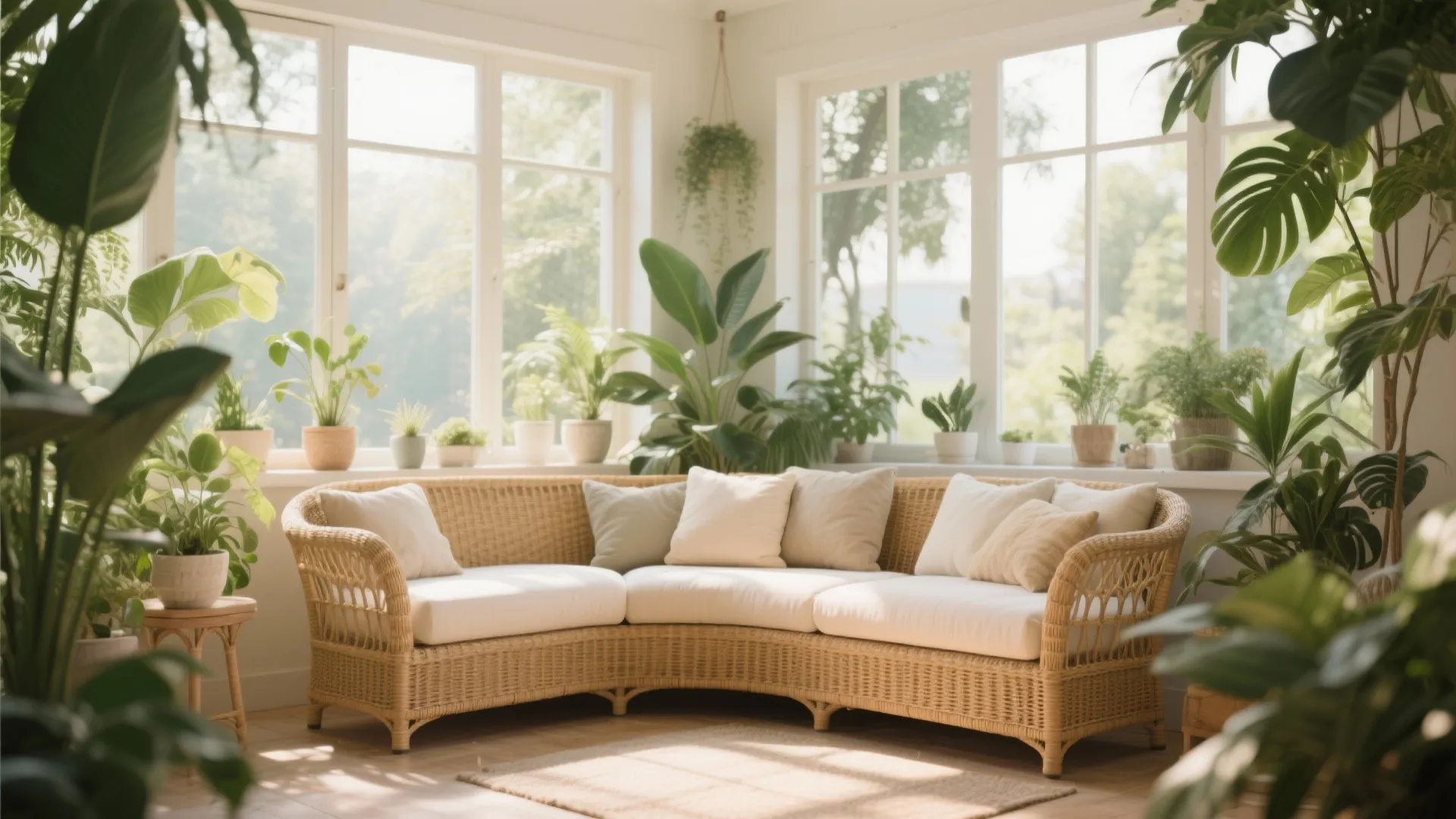 Woven rattan curved sofa in bright sunroom