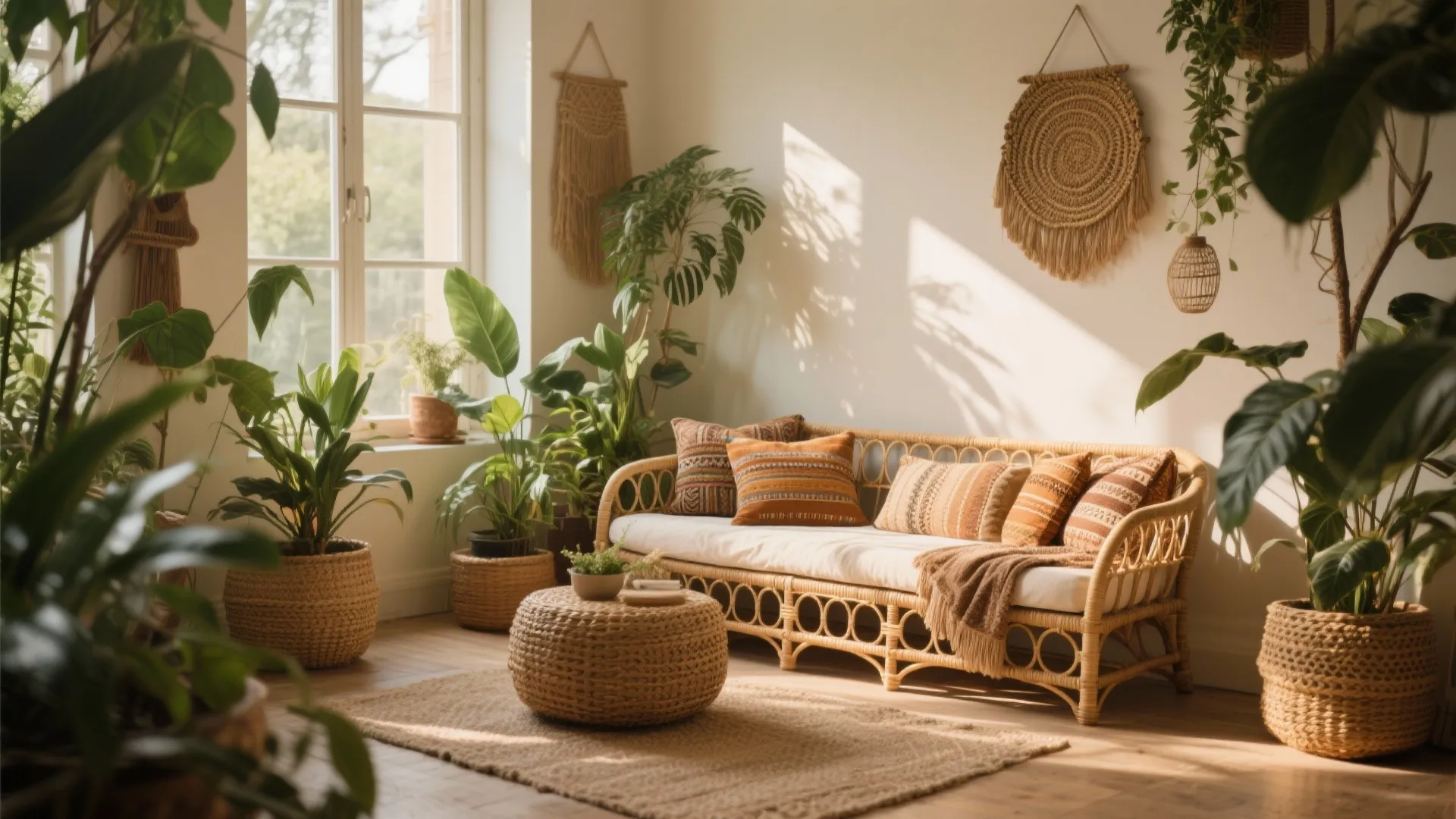 Rattan daybed by a sunny living room window with plants