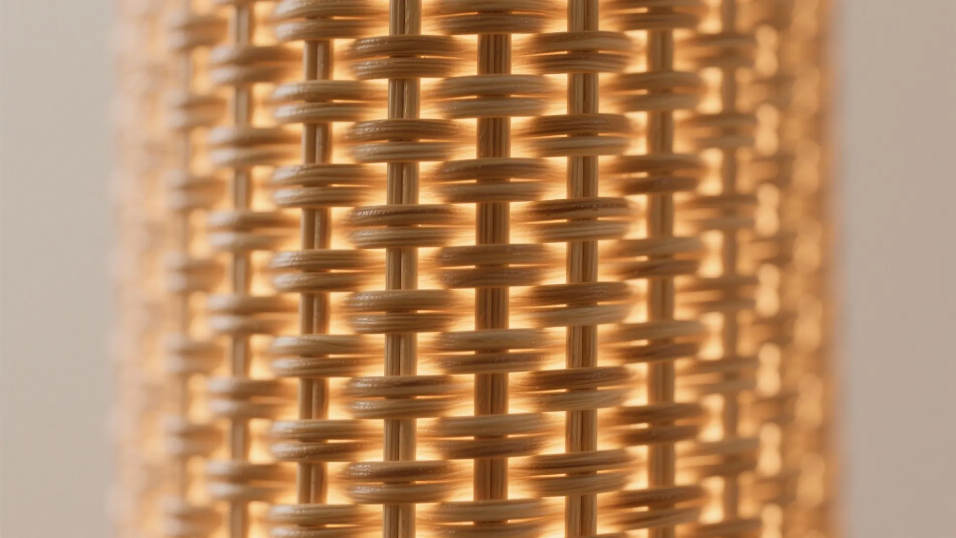 Macro close-up of tight rattan weave with warm LED light highlighting natural fibers and texture