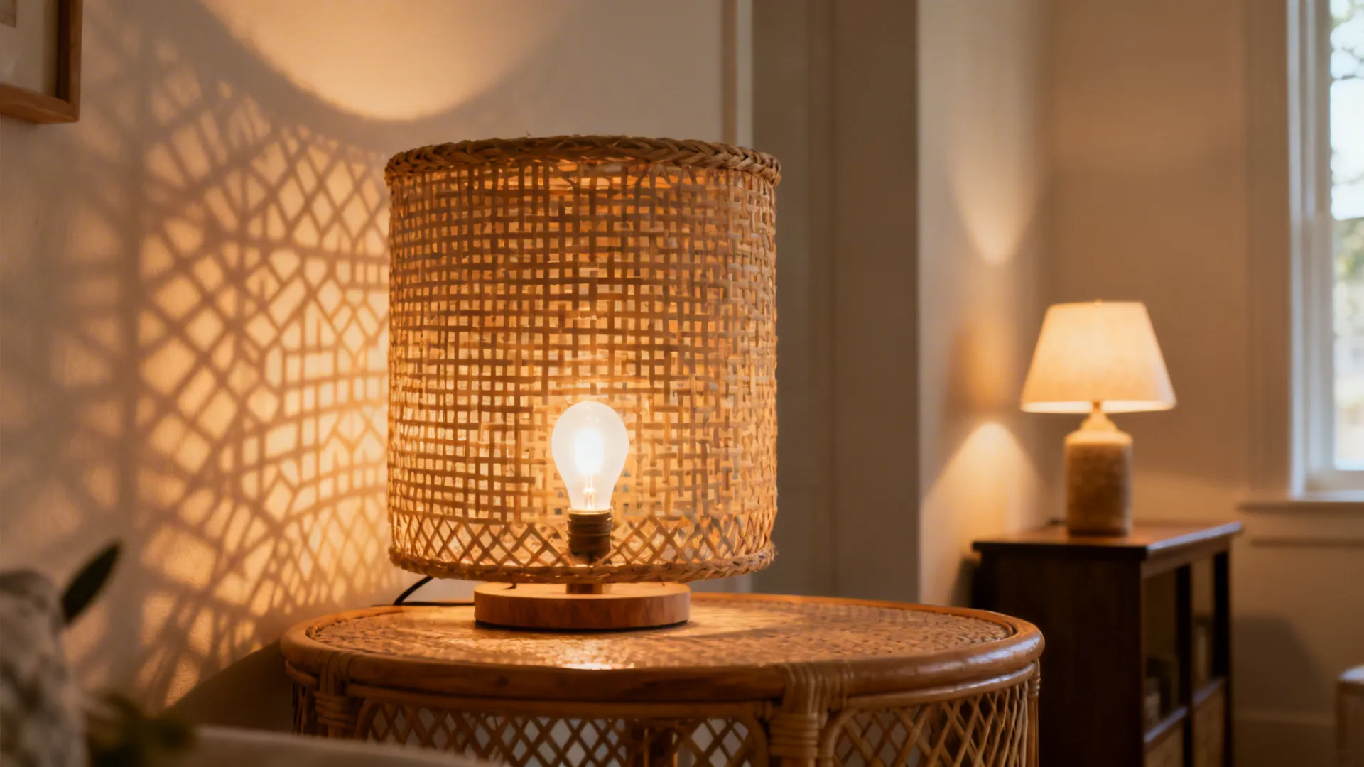 Woven table lamp on a side table casting a geometric pattern shadow on a white wall