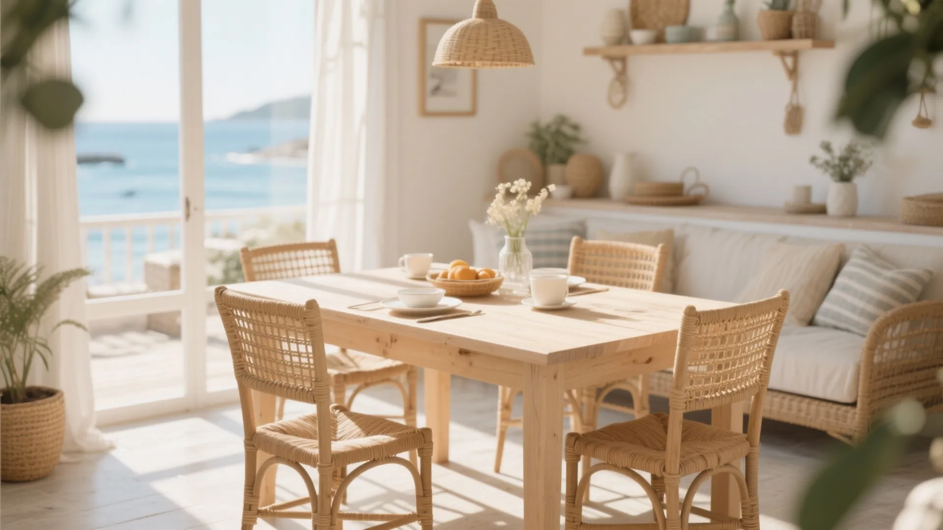 Bright dining room with rattan chairs wooden table and large window showing the blue ocean