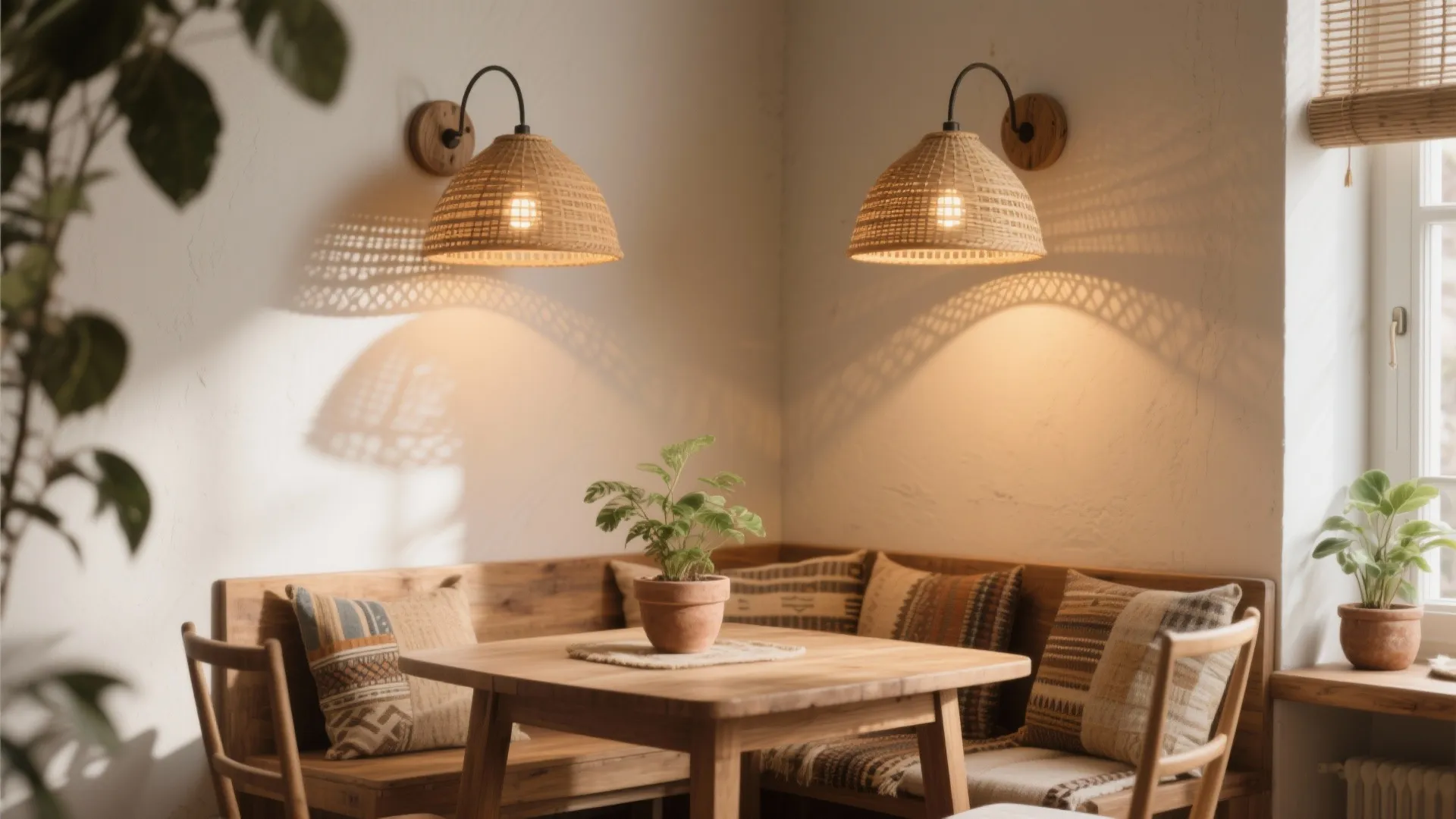 2. Rattan half-shade sconces to add organic curves