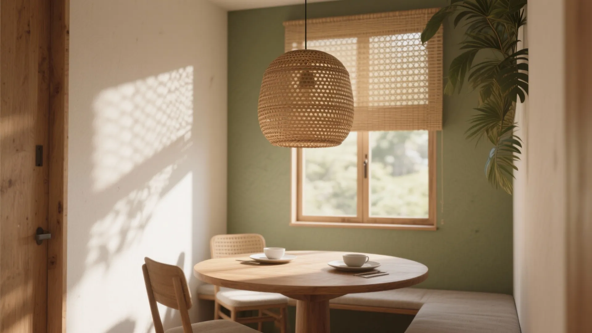 Wooden round dining table with two white cups woven ceiling light green wall and window
