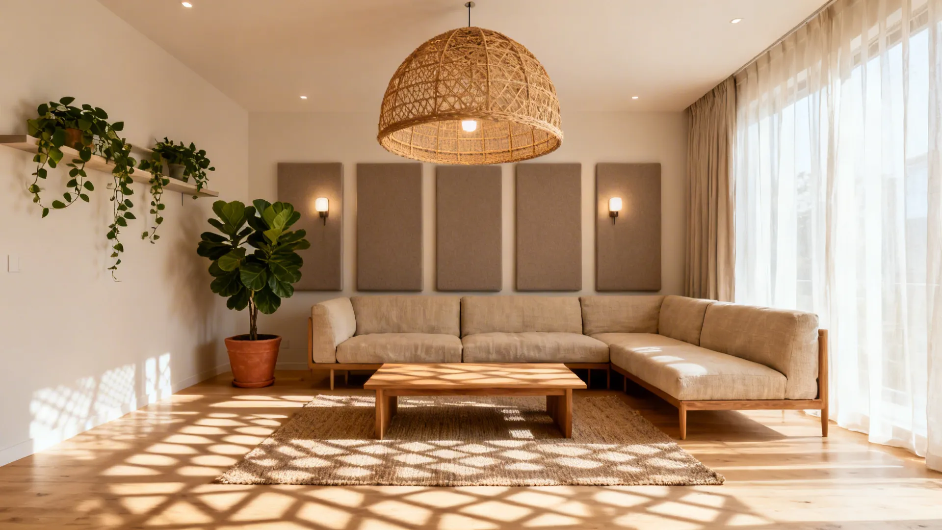 Woven rattan dome jhoomar casting a warm pattern over a Japandi-style living room.