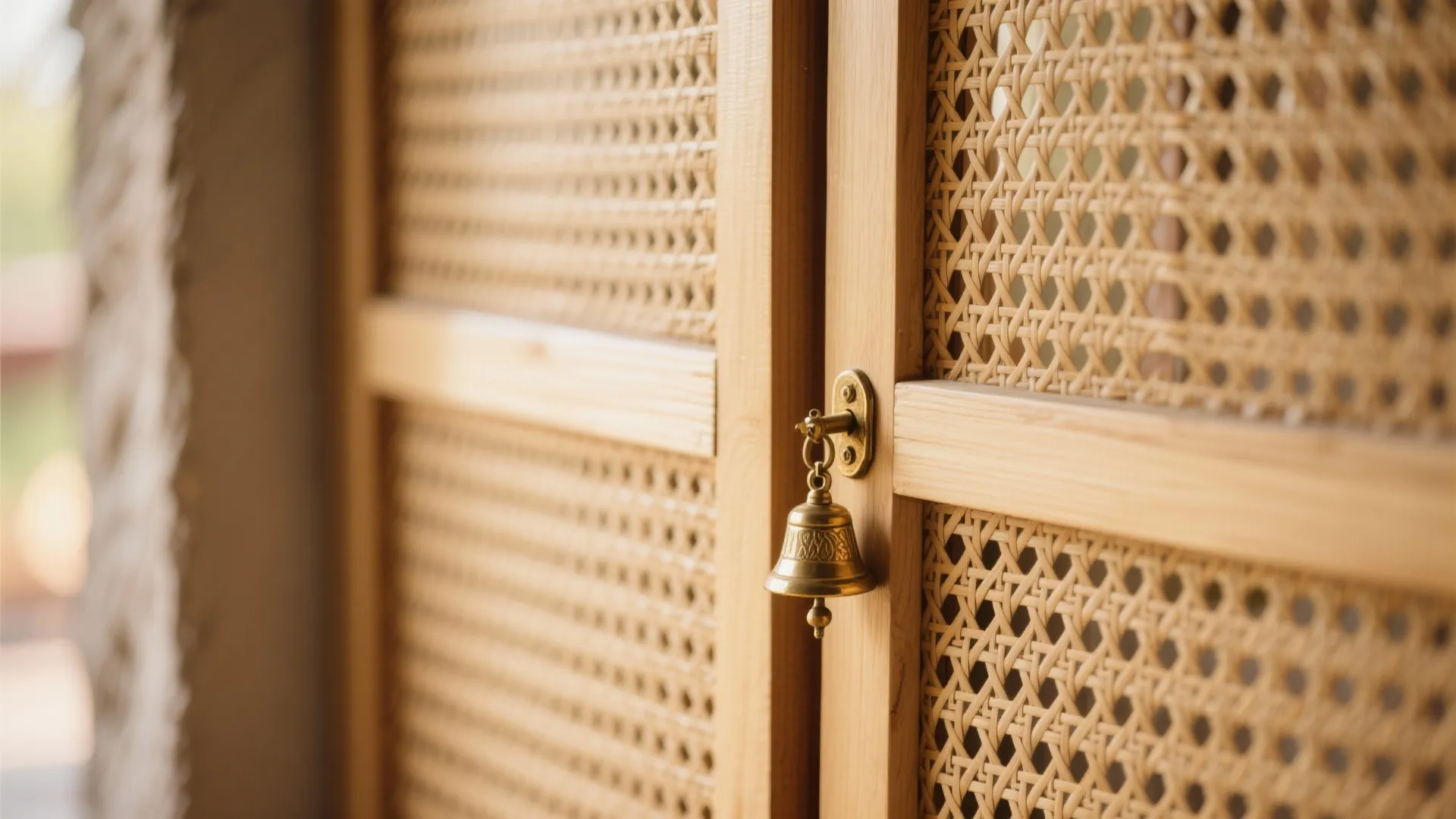 Close-up of rattan cane bi-fold door with brass bell and warm light filtering through.