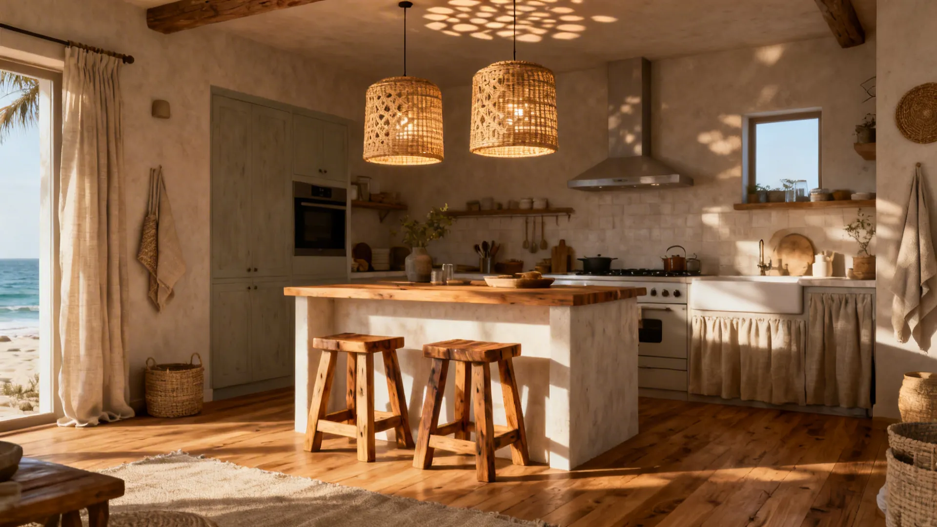 Rustic kitchen with wooden island two woven basket ceiling lights wooden stools and beach view