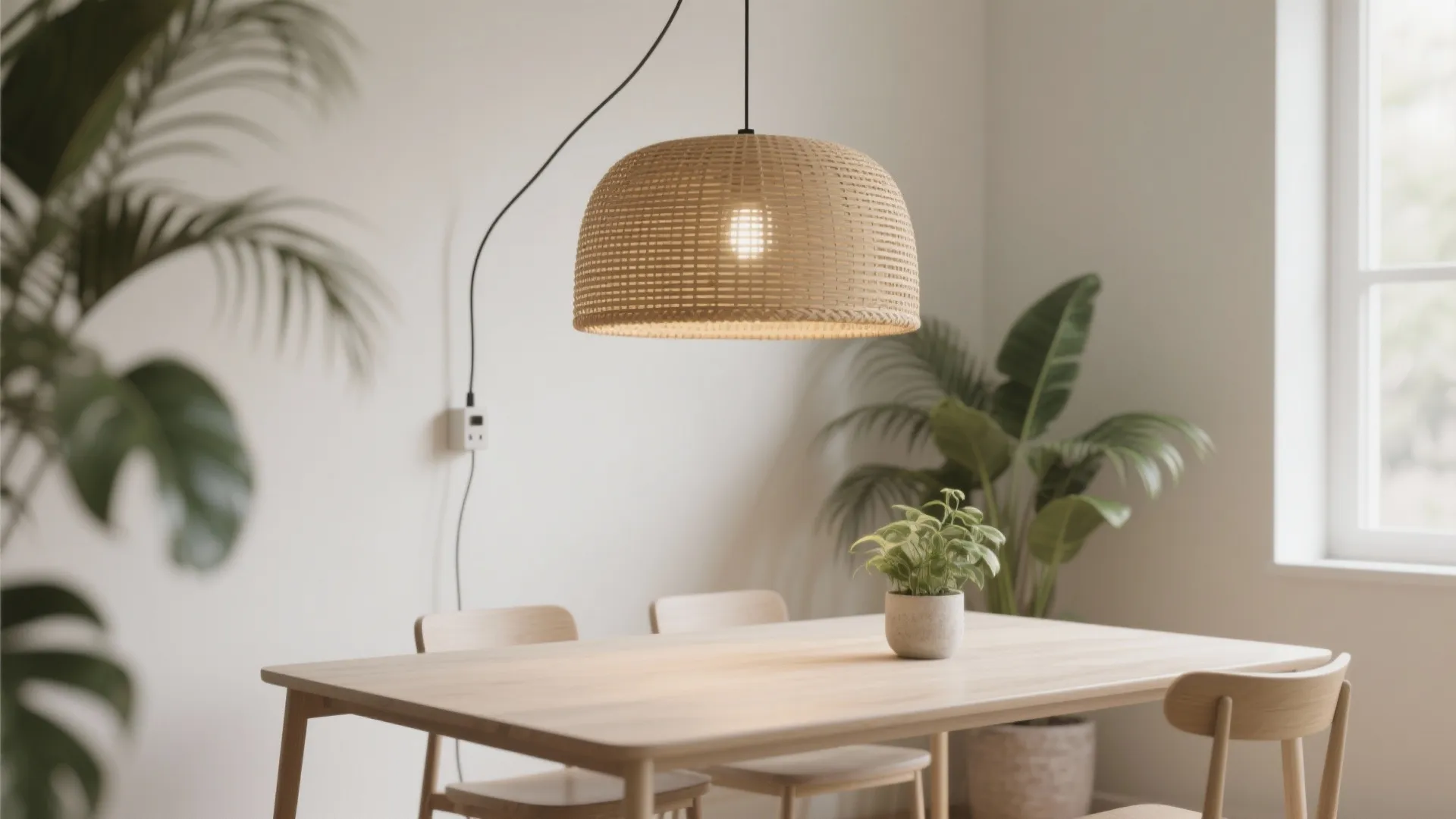 Modern dining area with woven ceiling light above a wood table and green indoor plants