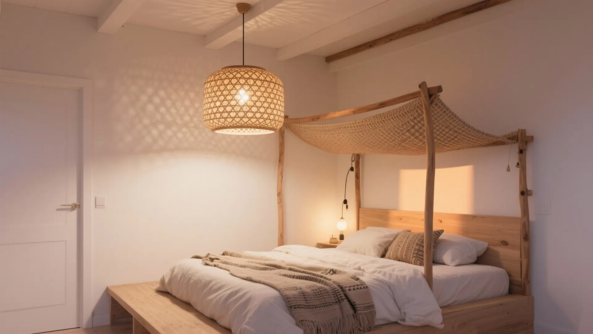 Woven rattan drum ceiling light casts a warm, textured glow over a studio sleeping nook.