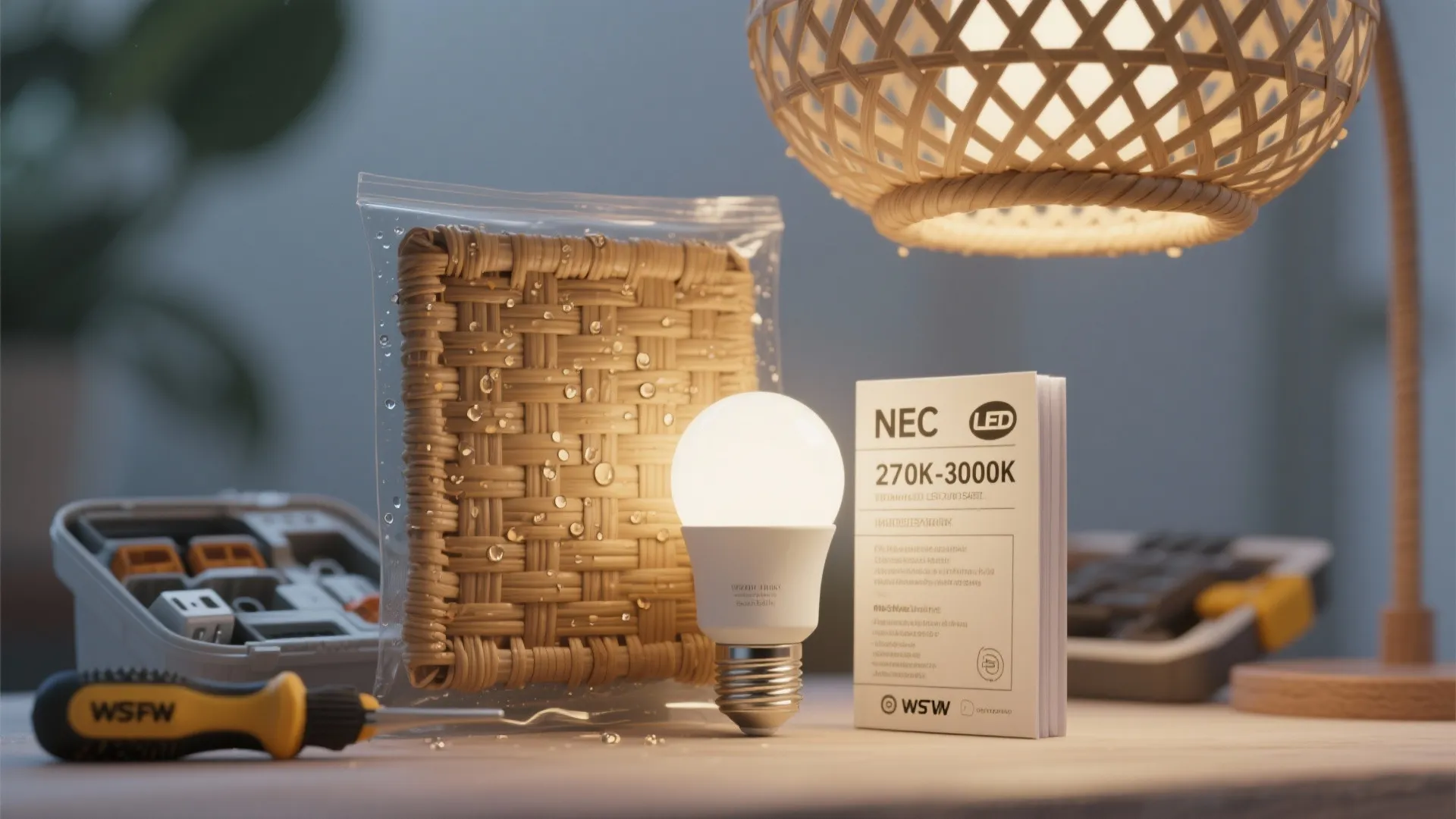Composite showing treated rattan sample, dimmable LED bulb, and installation tools for safety.