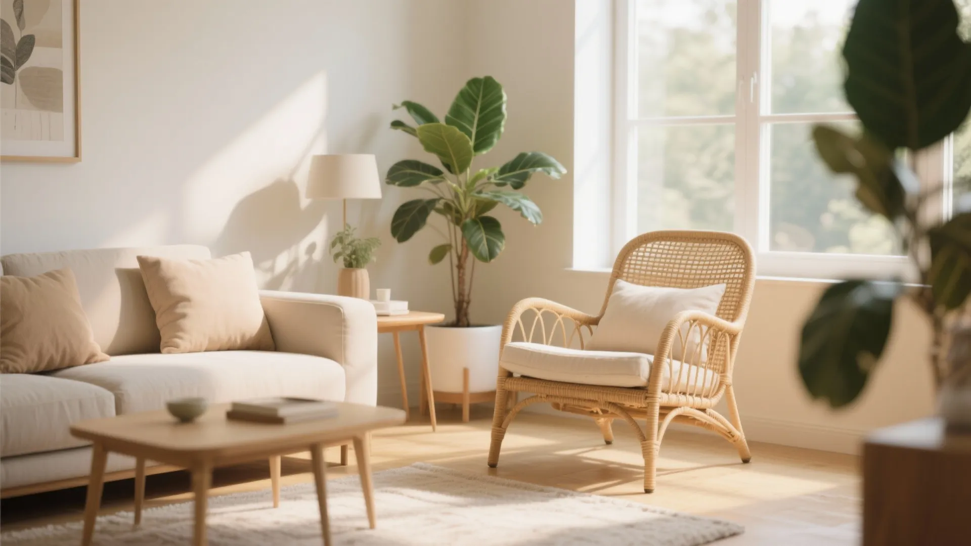 Rattan lounge chair in sunlit living room corner