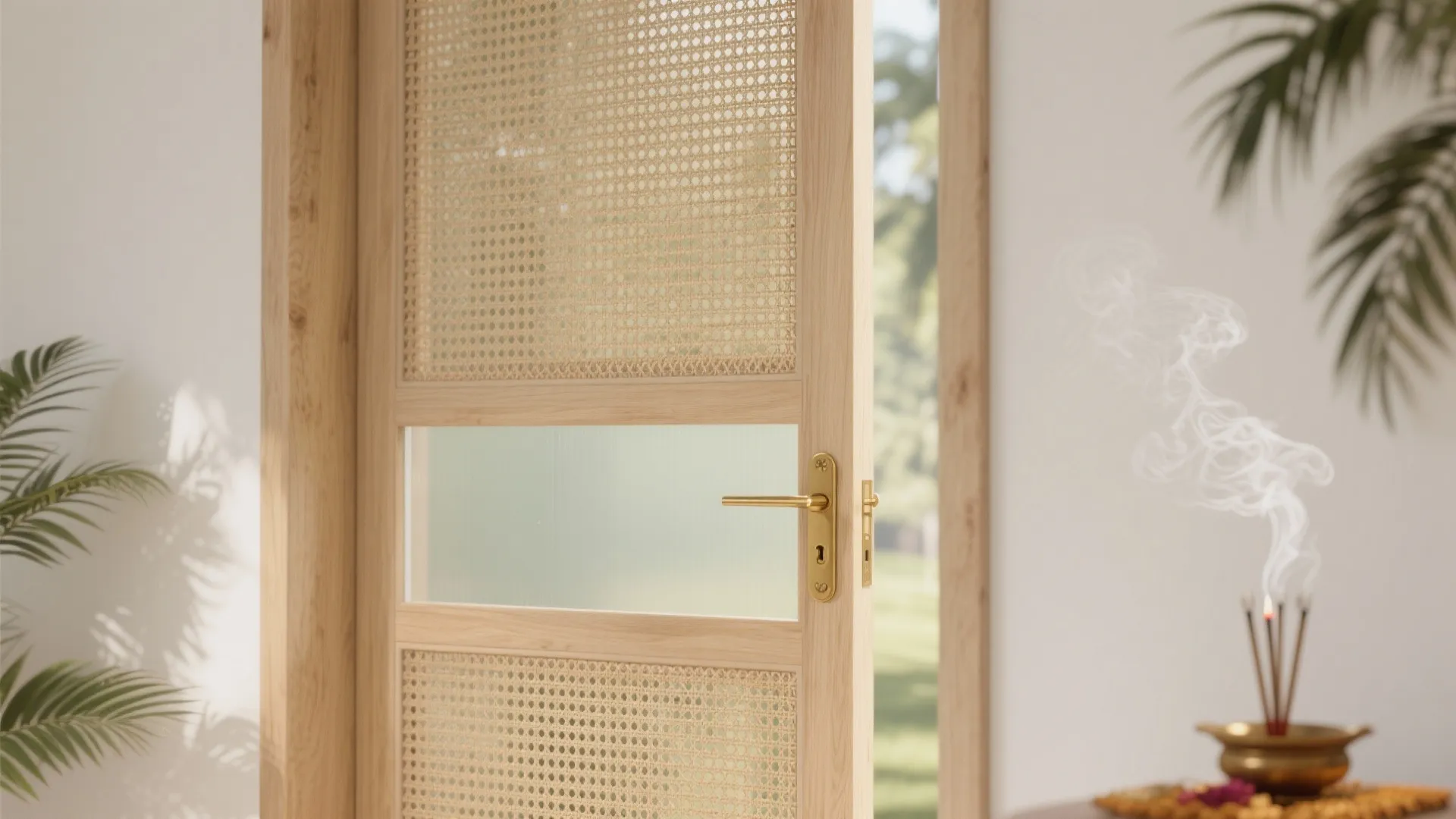 Contemporary Mixed-Material: Rattan + Glass Single Door