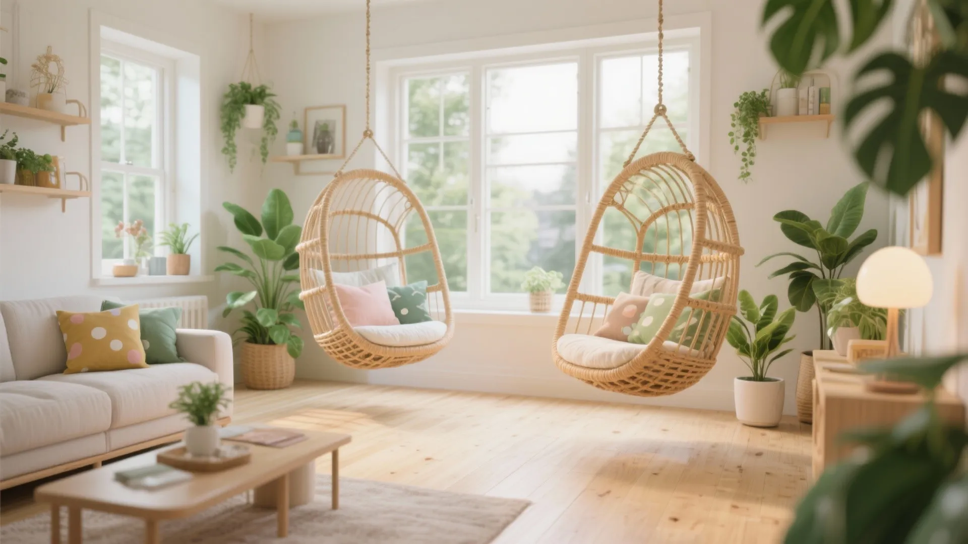 Bright living room featuring two hanging chairs indoor plants white sofa and natural wood flooring