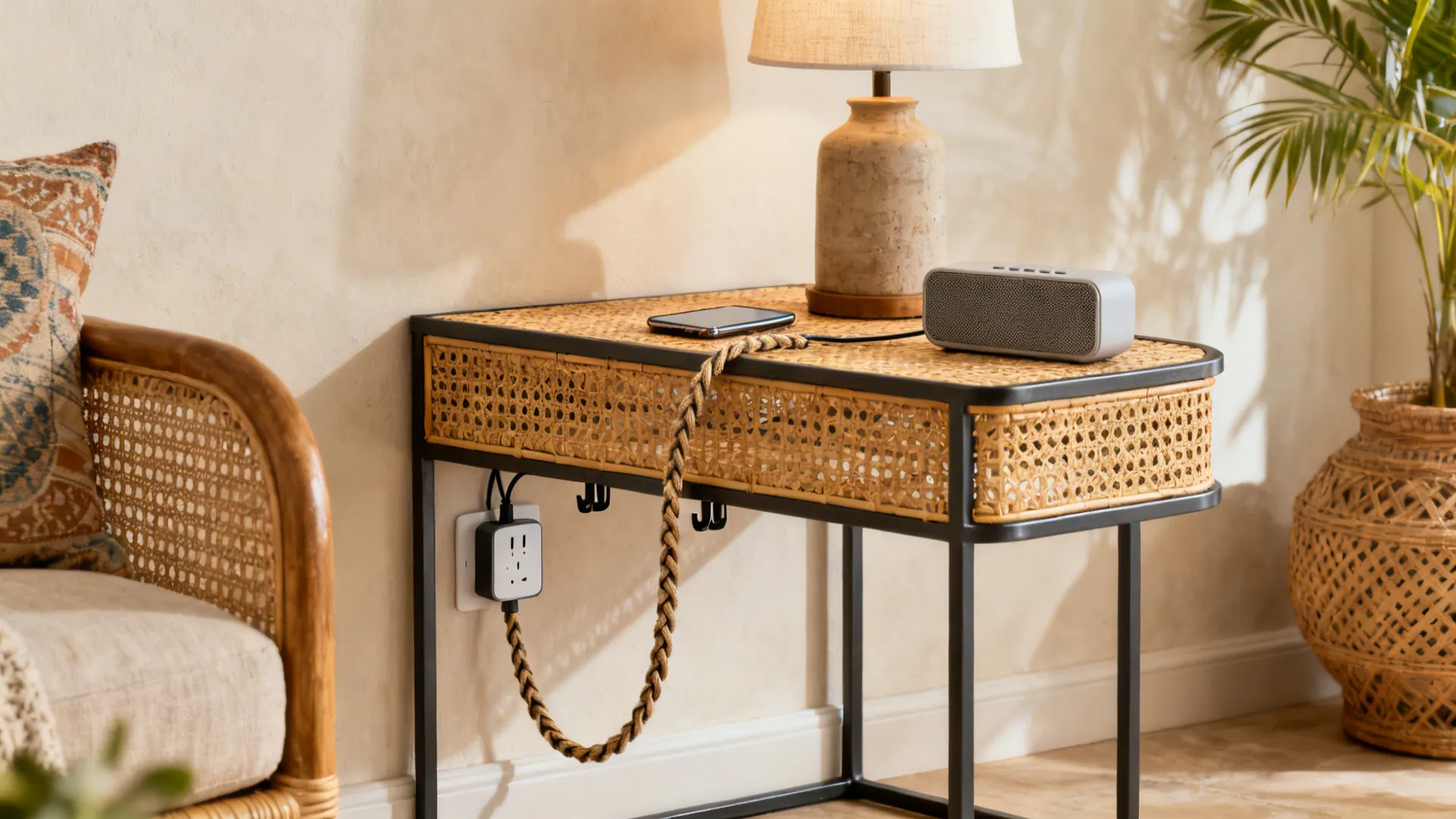 Rattan-and-iron corner table with cable management hub powering a lamp and devices.