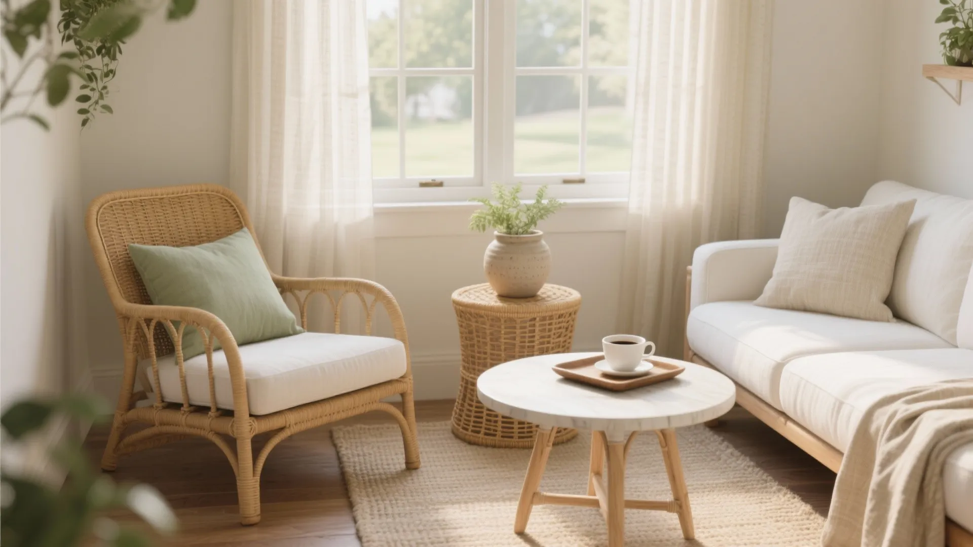 1) Breezy naturals with rattan, linen, and pale woods