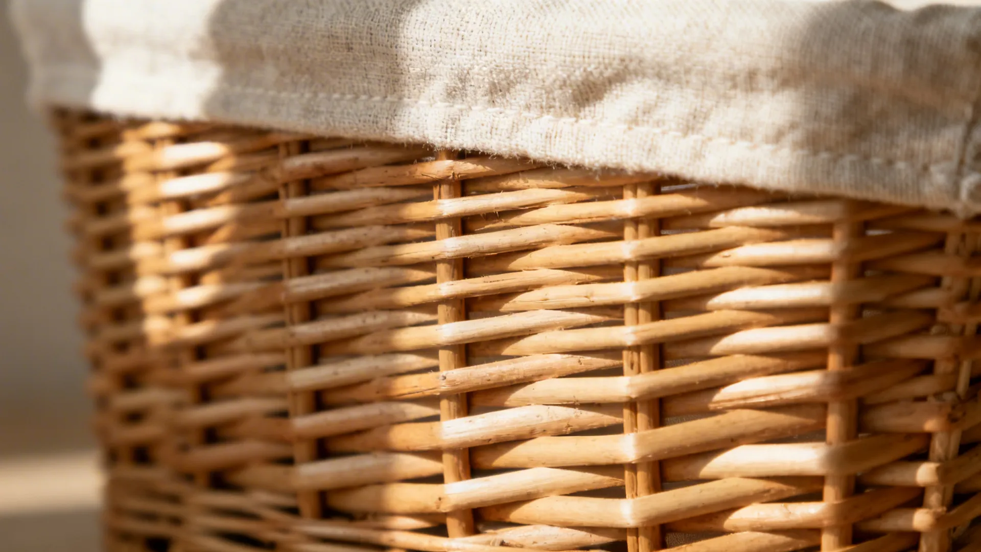 Macro detail of rattan basket weave with a linen liner edge in soft light.