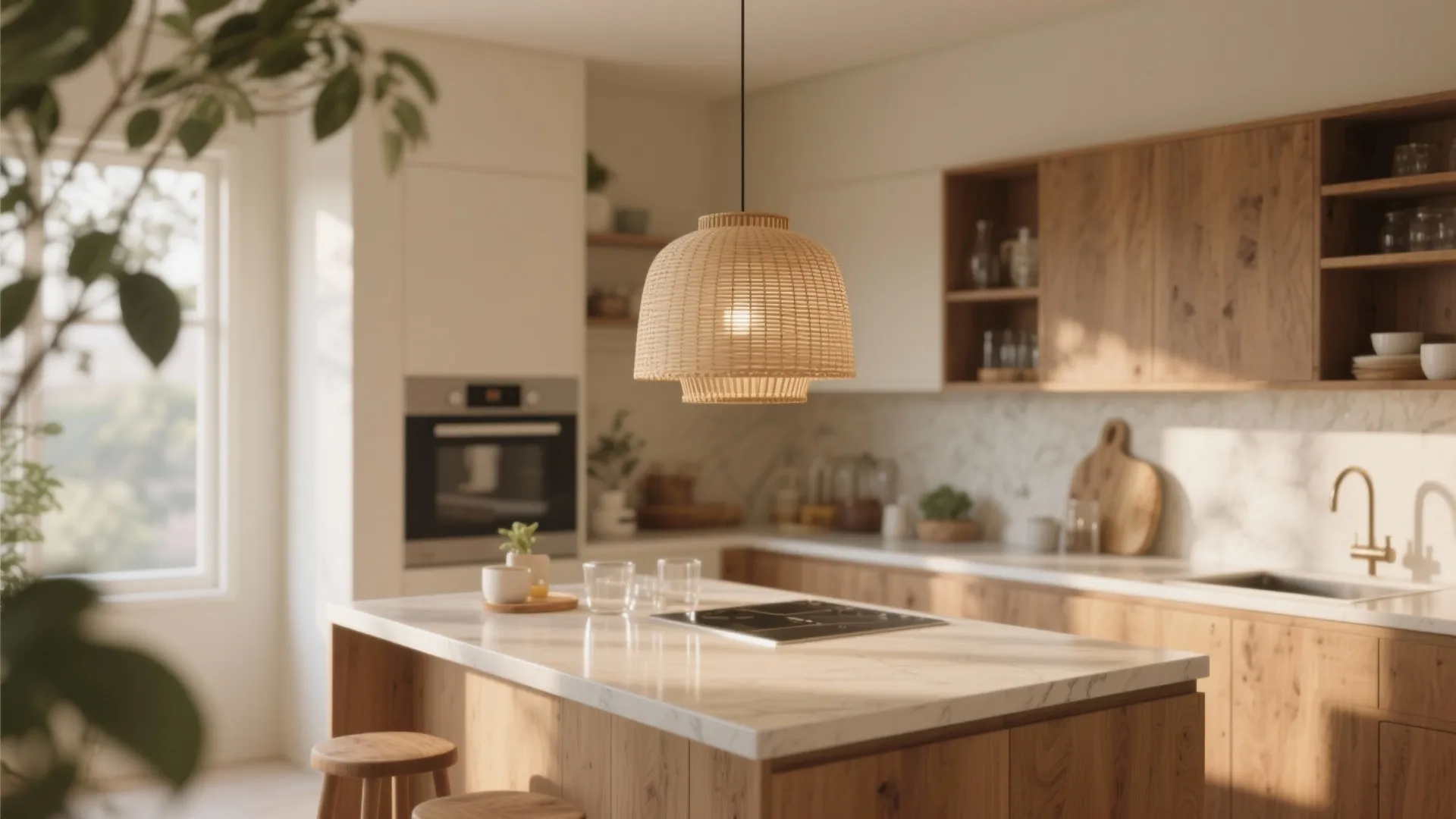 Rattan and linen pendants diffuse warm light in a compact kitchen with natural wood accents.