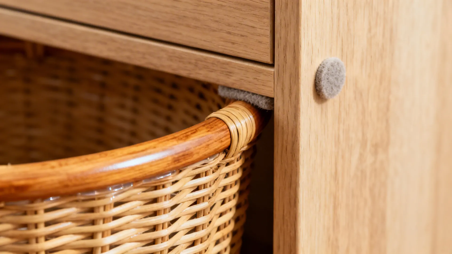 Close-up detail of a woven storage basket sliding into a wooden cabinet with grey protectors