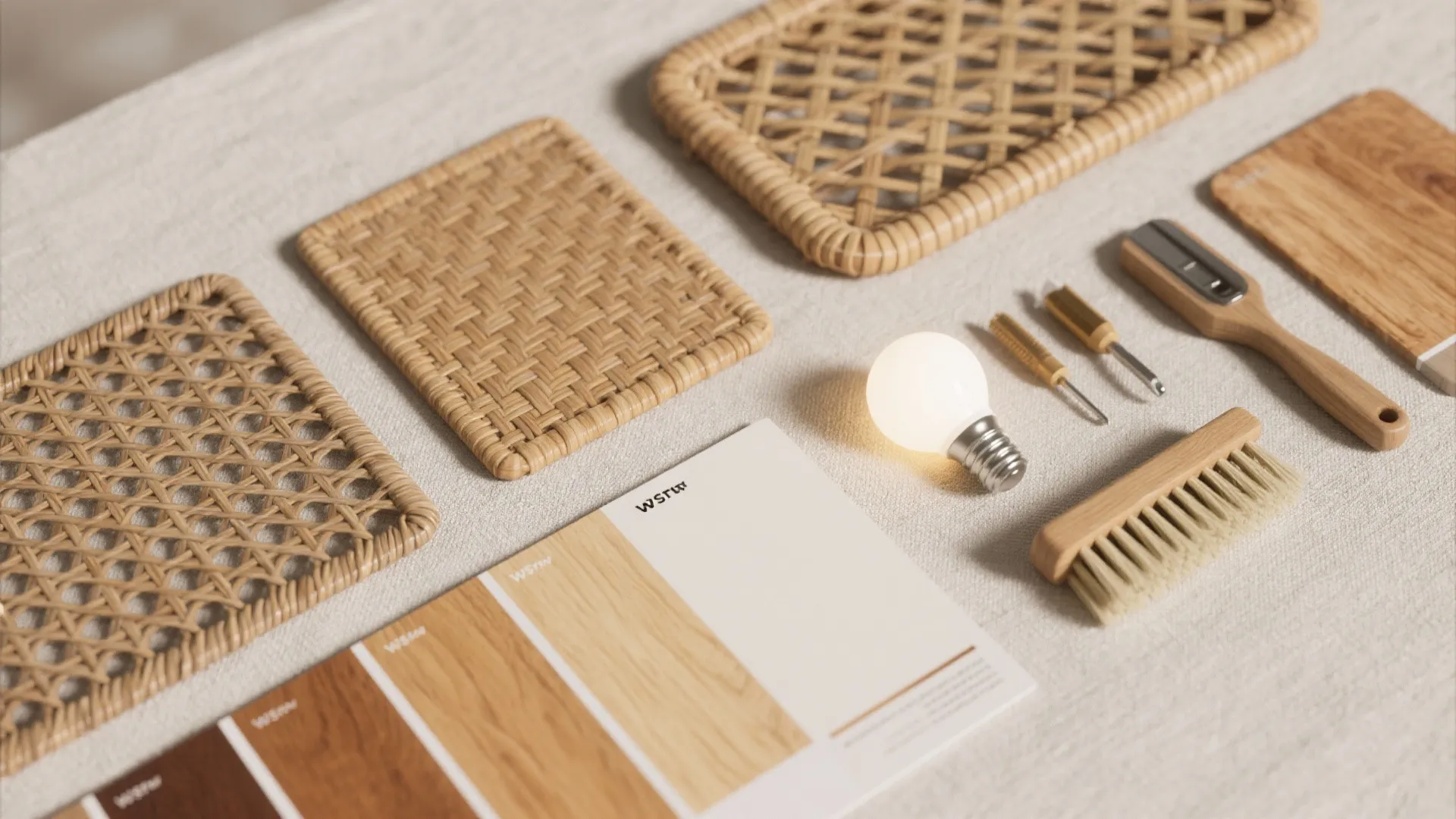 Interior design material flatlay with woven rattan samples wood color swatches light bulb and brushes