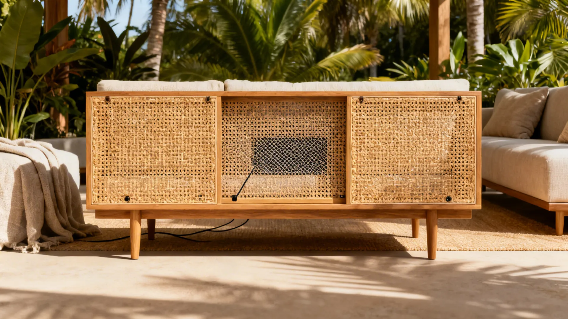 Outdoor wooden cabinet with rattan doors placed on a patio surrounded by tropical green palm trees