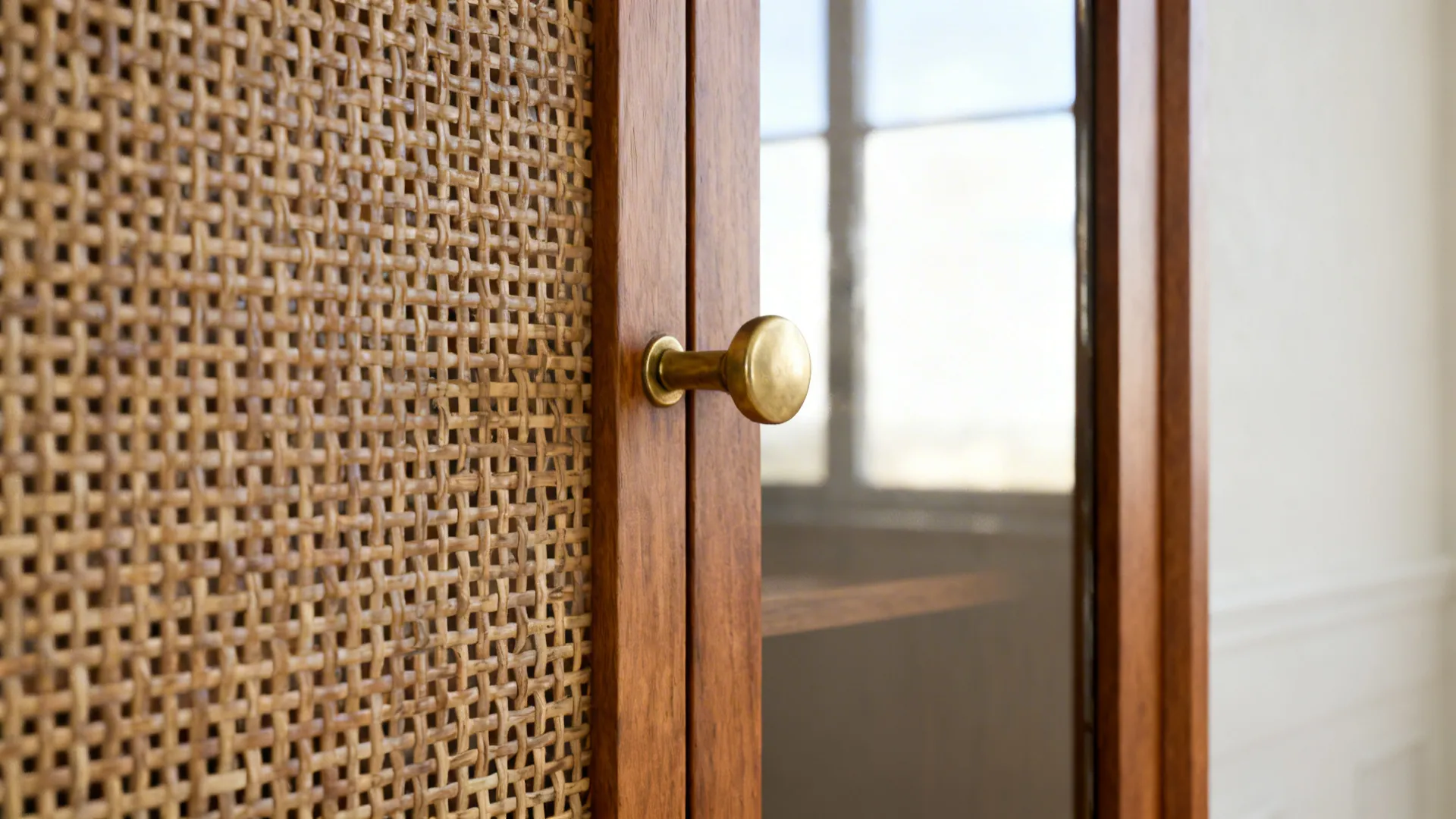 Close up of wooden cabinet door with woven rattan texture and a round gold handle