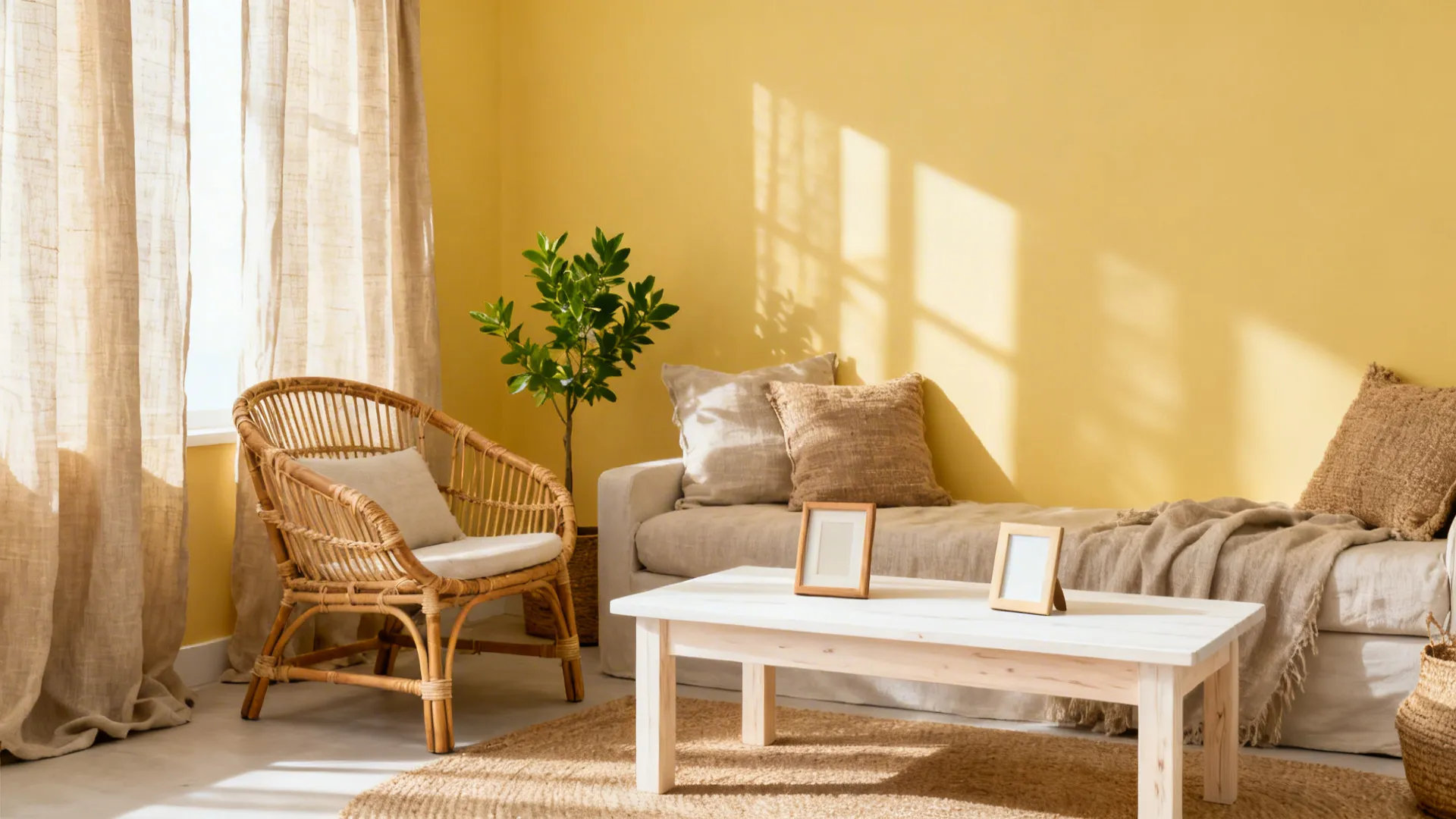Yellow-walled living room with rattan chair, white oak table, and flax linen curtains in soft daylight.
