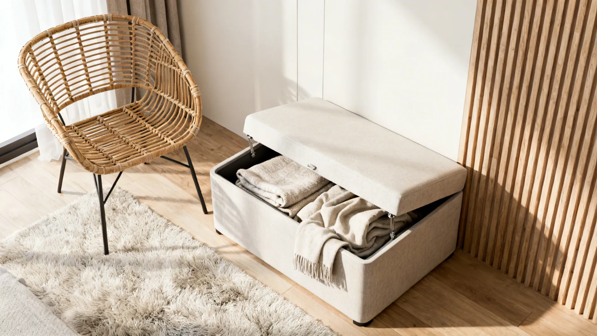 Rattan accent chair paired with a small storage ottoman holding blankets in a compact layout.