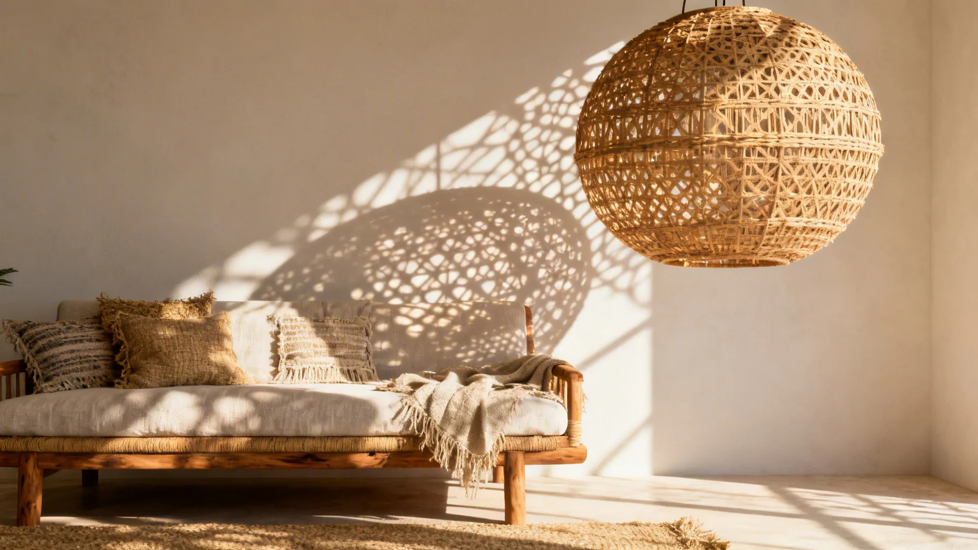 Large round woven ceiling light casting shadows on white wall above wooden sofa with cushions
