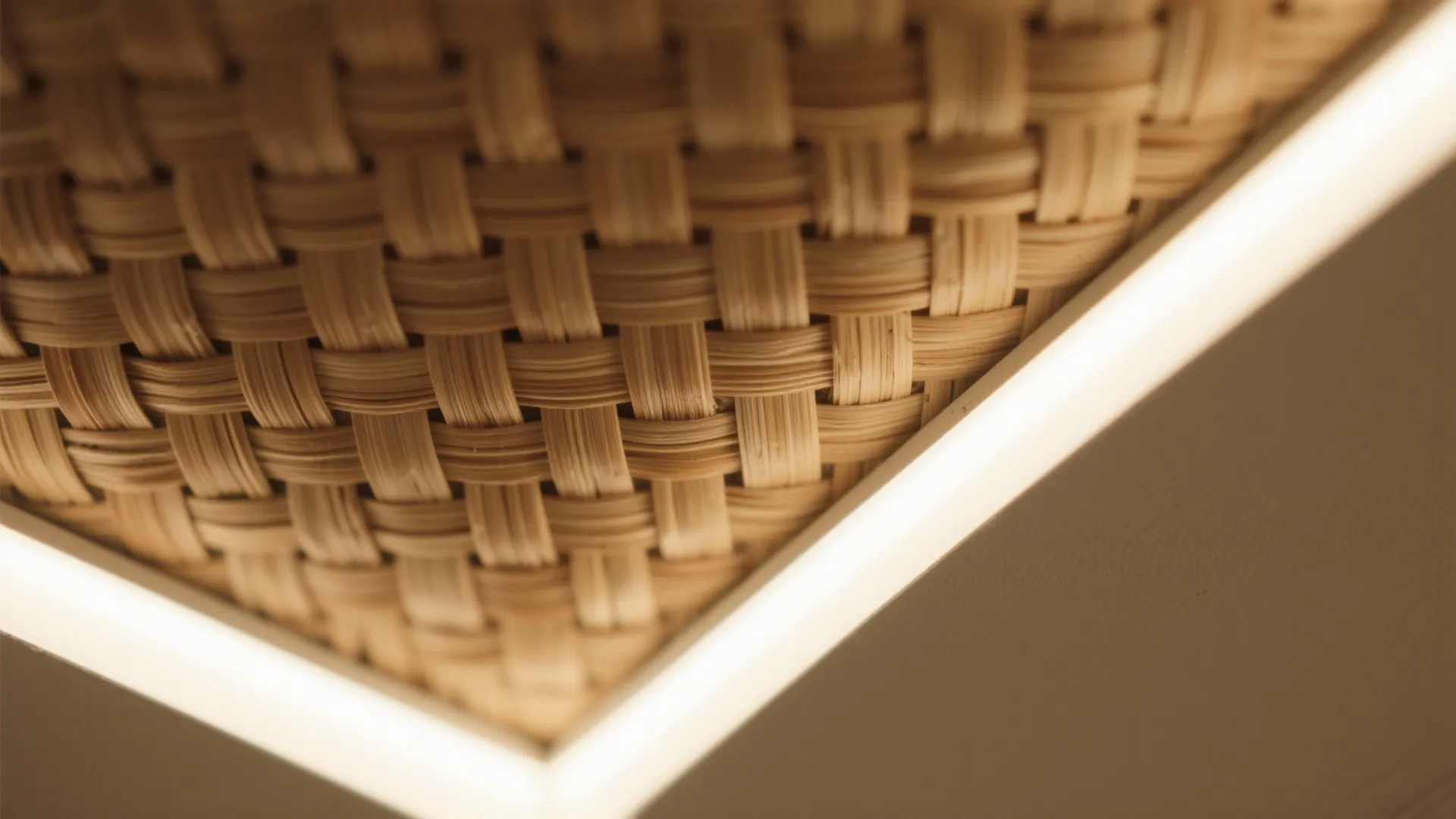 Close up view of a woven wall panel with bright light strips and natural brown textures