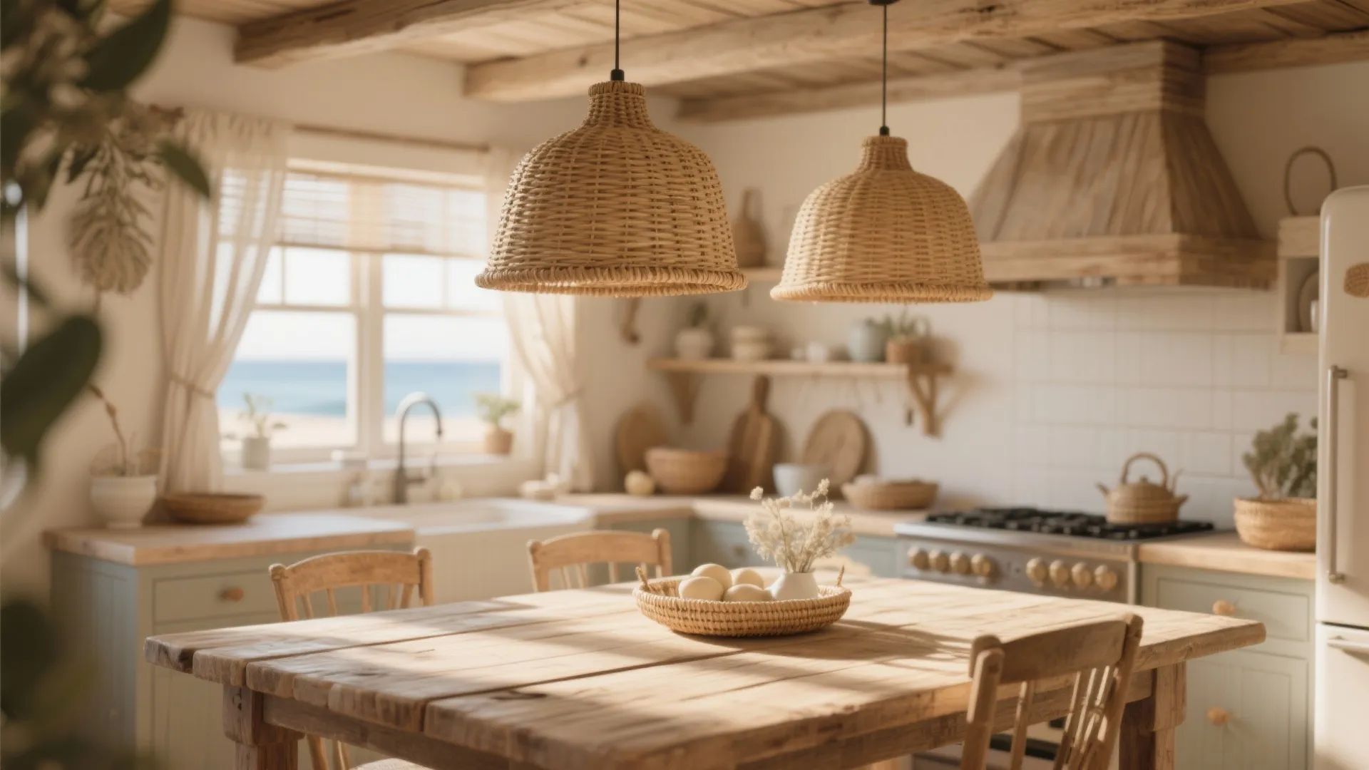 Coastal kitchen with woven ceiling light fixtures over a wooden table and beach view windows