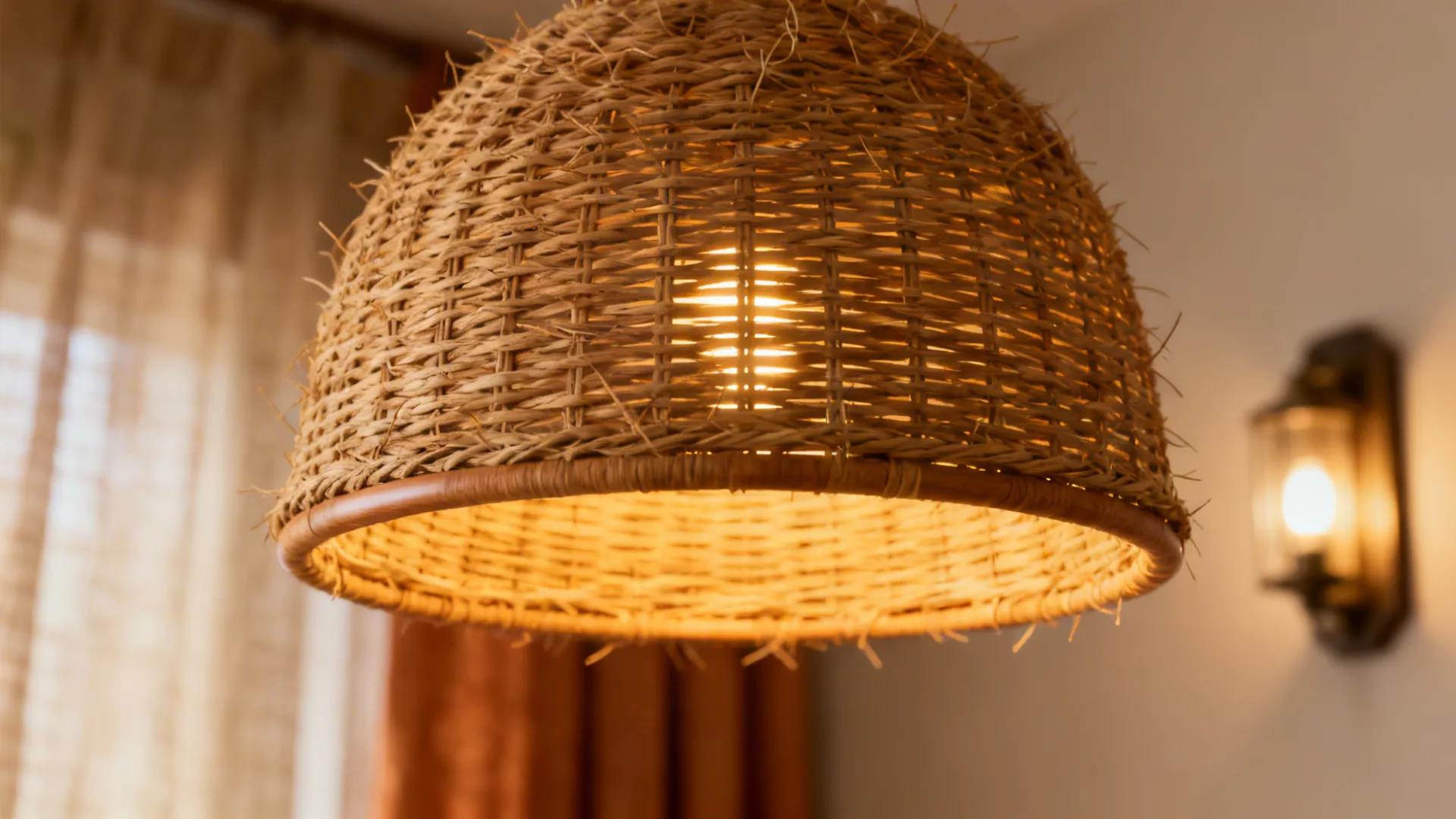 Macro of a rattan pendant with warm LED glow highlighting the woven texture.