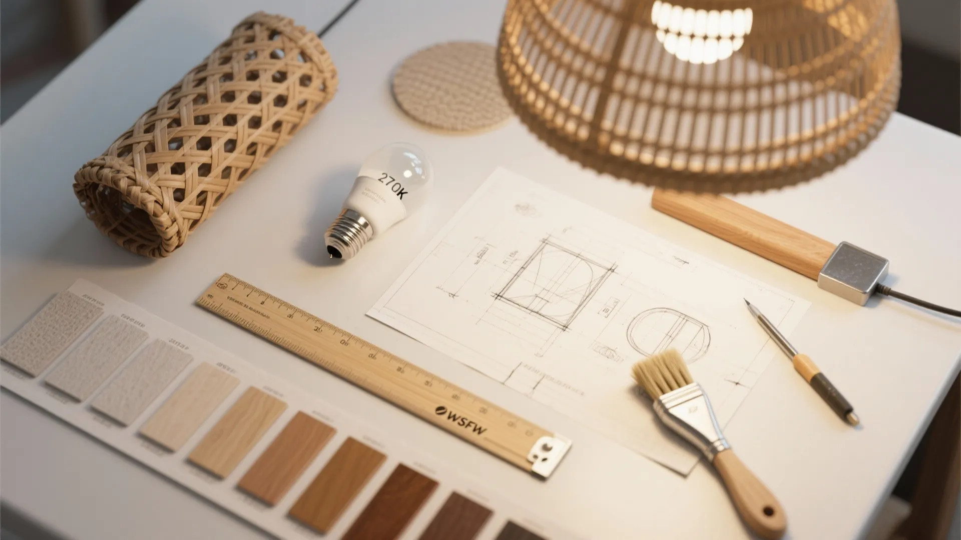 Flatlay of rattan shade sample, 2700K bulb, measuring tape and layout sketches.