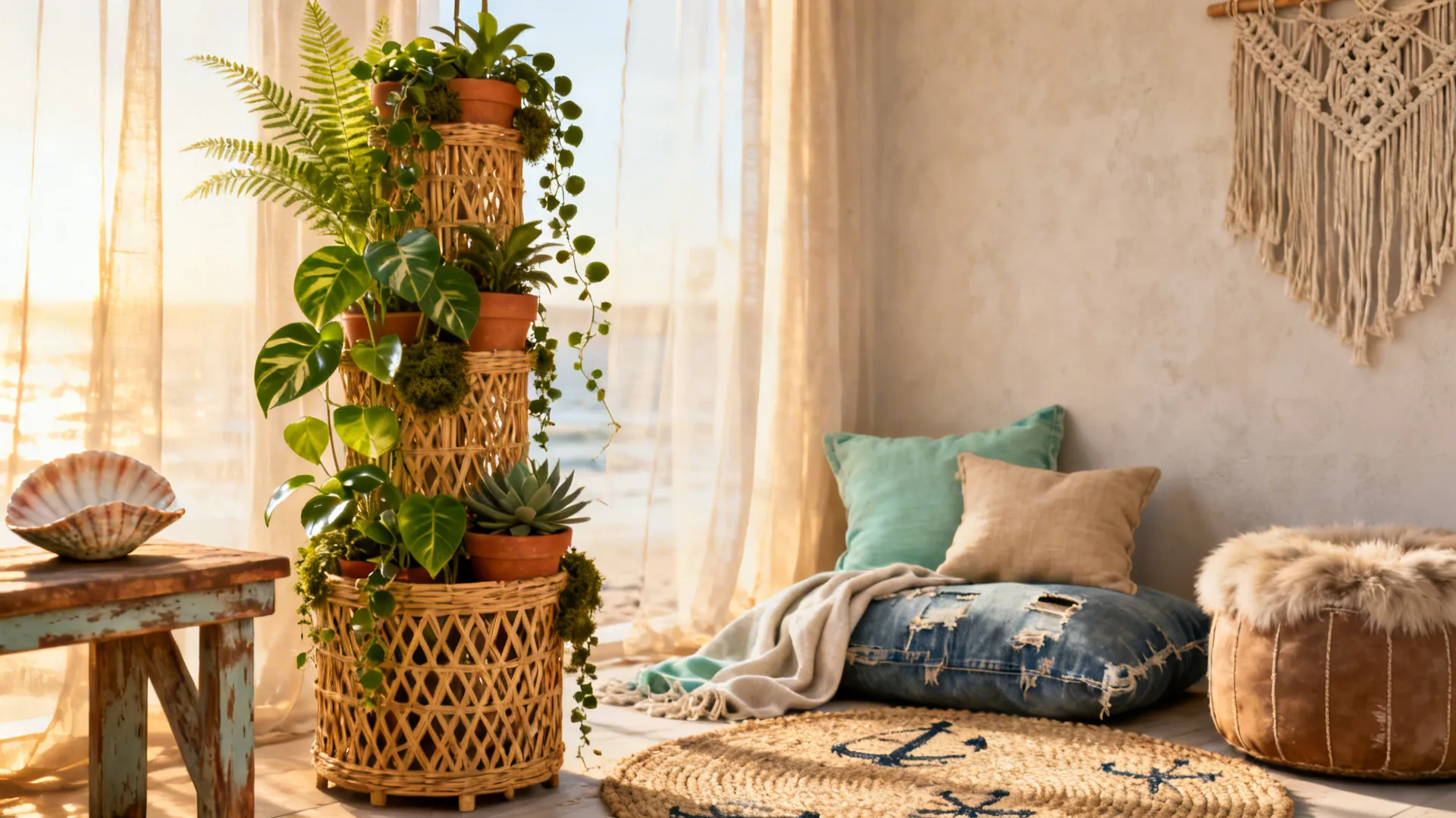 Woven rattan plant tower in a boho corner with mixed green plants