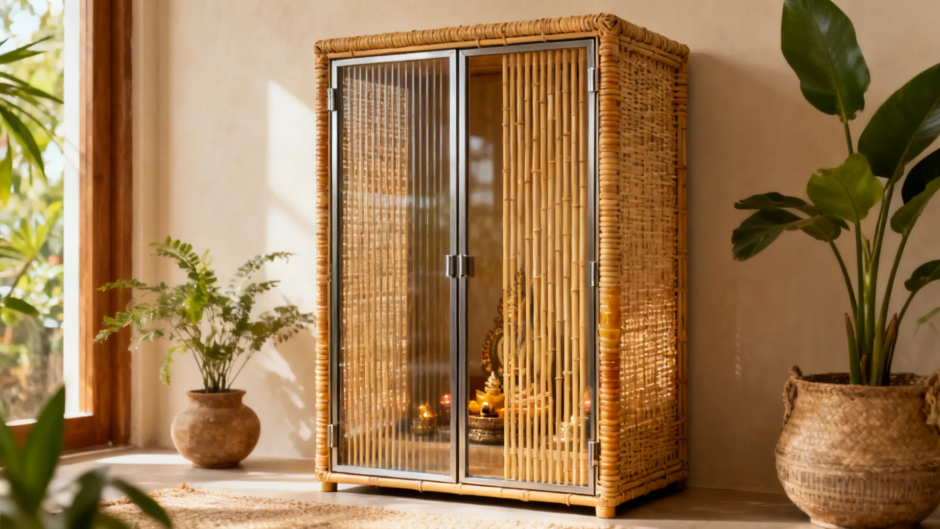 Rattan-wrapped slim frame with reeded-glass double doors for a pooja niche.