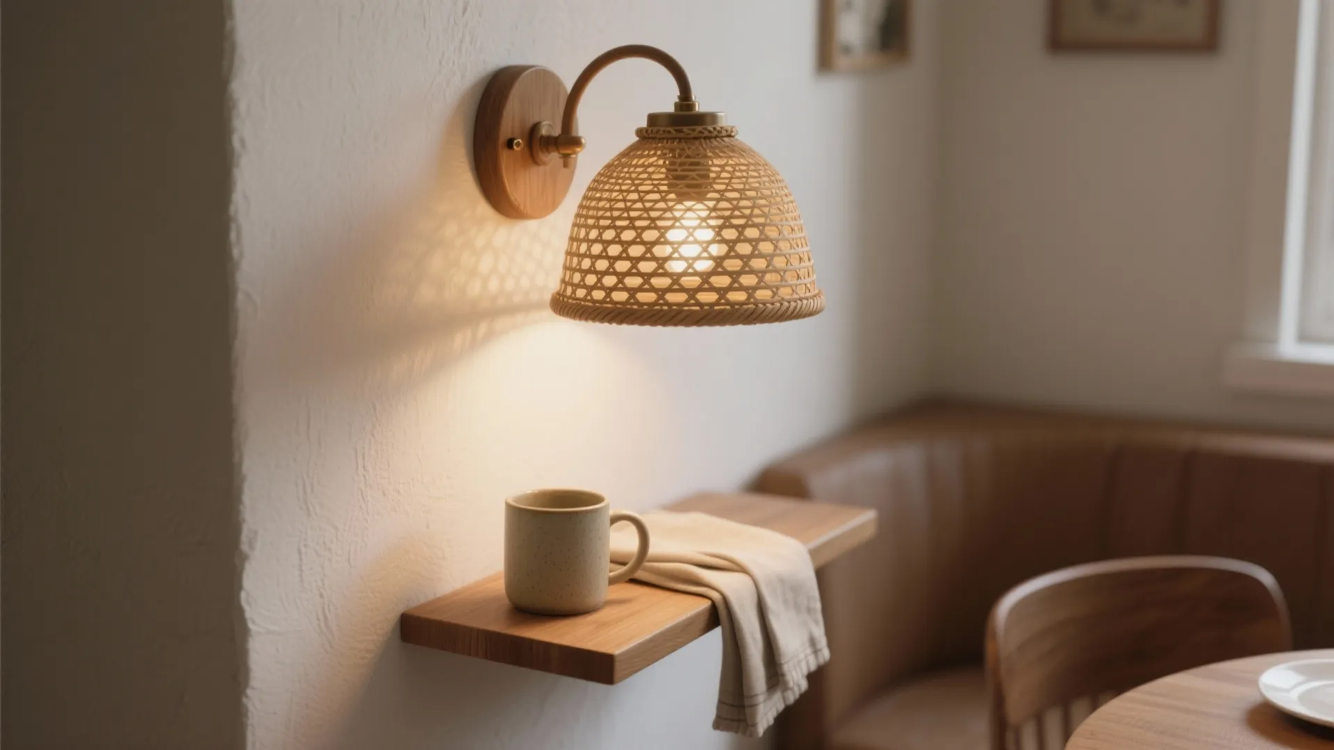 Woven wall light mounted above small wood shelf with white coffee mug and beige napkin
