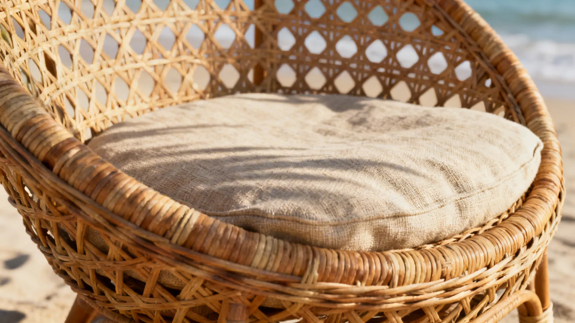 Close-up of a woven rattan scoop chair with linen cushion showing texture