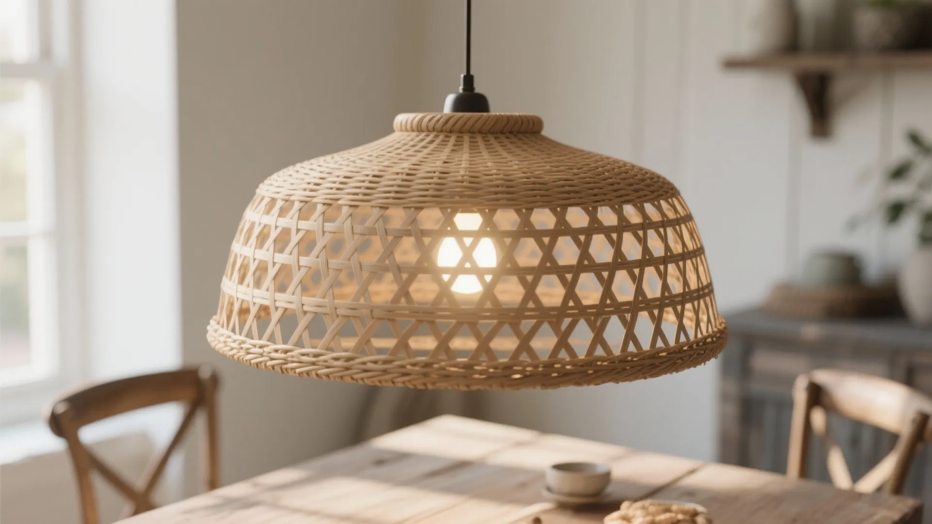 Close up of a woven light fixture hanging over a wooden dining table in bright