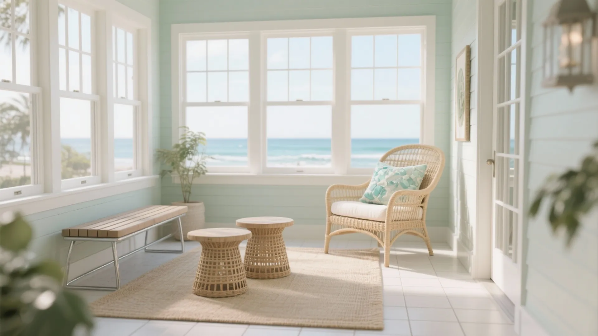Small sunroom with rattan chair, slim bench, and nesting stools in a light coastal palette.