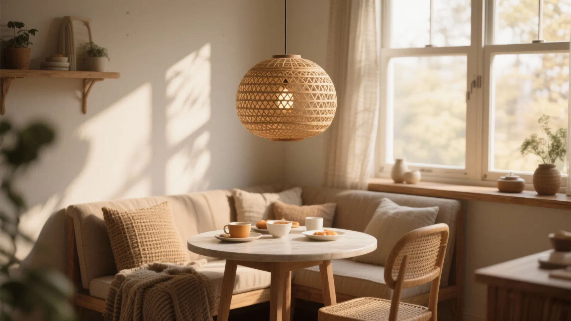 Round wooden table with breakfast items under woven ceiling light in a sunny dining corner