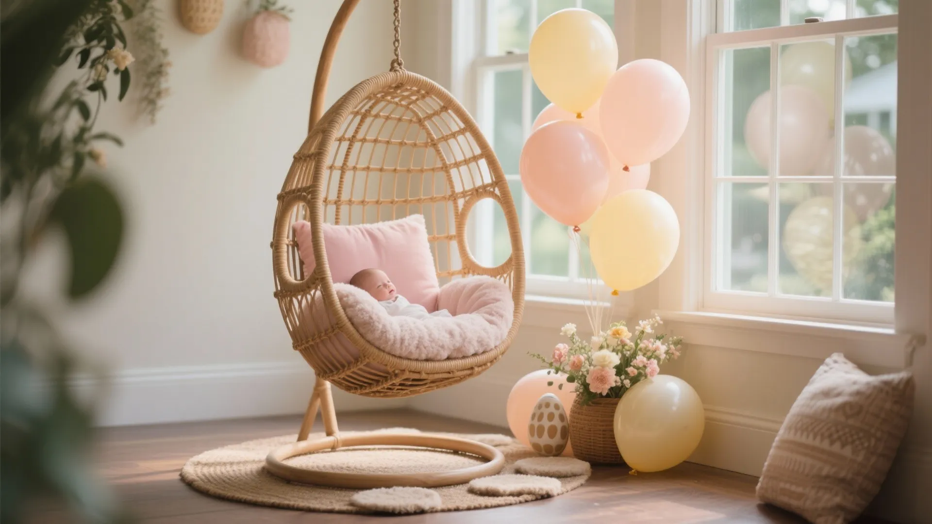 Whimsical Rattan Swing with Pastel Balloons